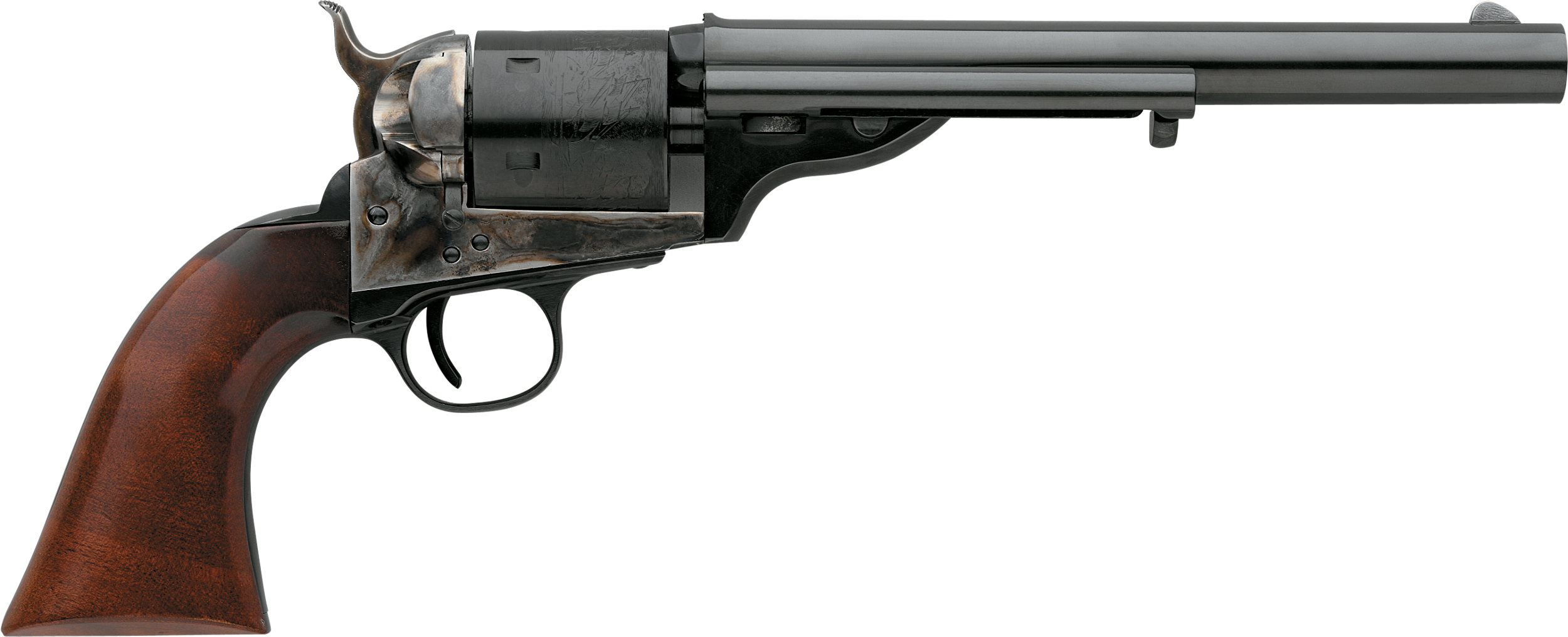 Taylors & Company 550718 1872 Open Top Uberti 45 Colt (Long Colt) 6 Shot 7.50" Blued Round Barrel, Blued Engraved Cylinder, Color Case Hardened Steel Frame, Walnut Army Style Grip, Exposed Hammer