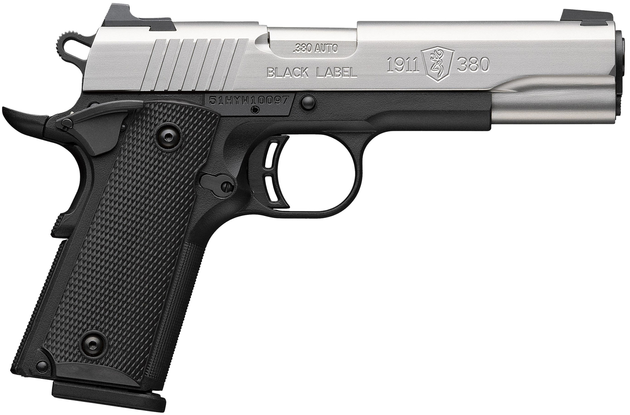 Browning 051118492 1911 Black Label Full Size 380 ACP 8+1 4.25" Stainless Steel Barrel, Satin Stainless Steel Serrated Slide, Matte Black Polymer Frame, Black Polymer Grip