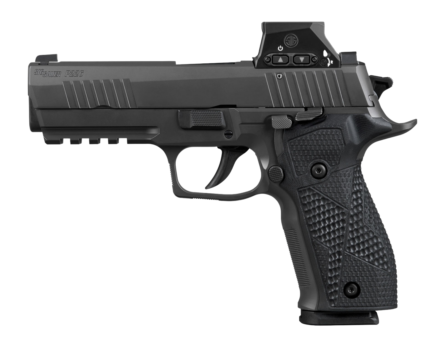 Sig Sauer 226X9RXSL P226 w/Optic Full Size 9mm Luger 18+1 4.40" Black Bull Barrel, Matte Black DLC Stainless Steel Serrated w/Optic Slide, Black Anodized Alloy Frame w/Picatinny Rail, Black Hogue G10
