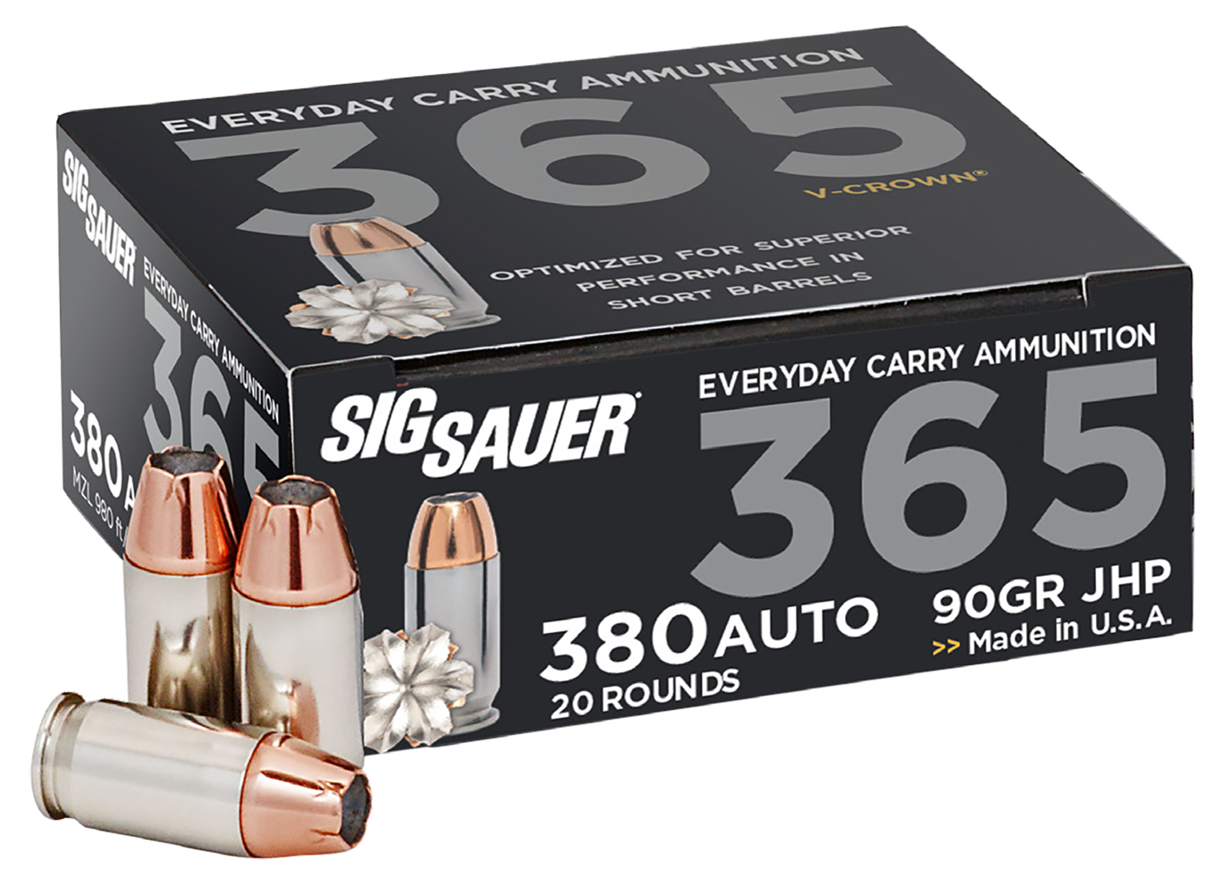Sig Sauer E380A136520 Elite Performance 365 380ACP 90gr V-Crown Jacketed Hollow Point 20 Per Box/10 Case