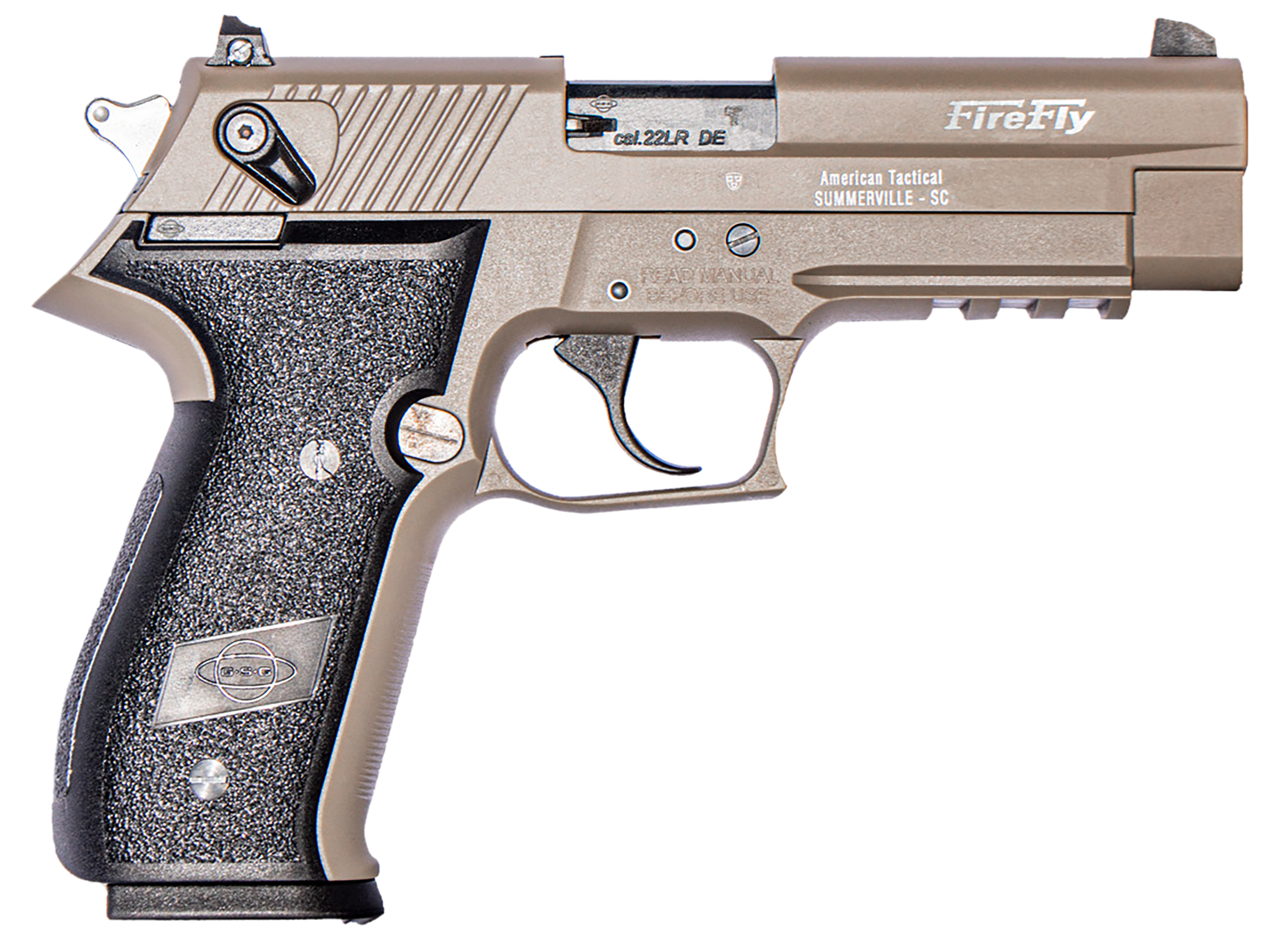 GSG GERG2210FFT FireFly  22 LR 10+1 4" Tan Steel Barrel, Serrated Slide, Zinc Alloy w/Accessory Rail Frame, Black Polymer Grip
