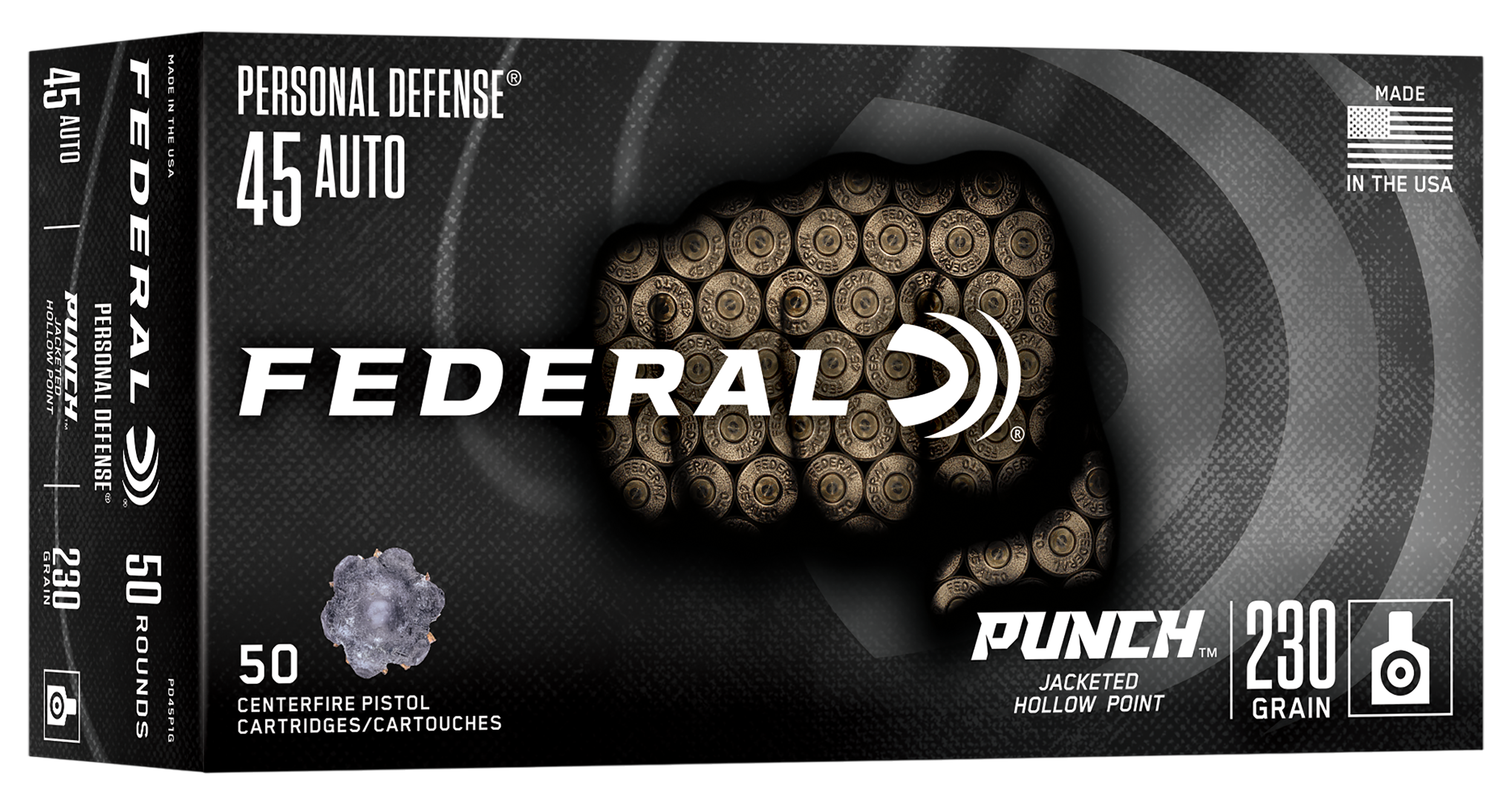 Federal PD45P1G Punch  45Auto 230gr Jacketed Hollow Point 50 Per Box/10 Case