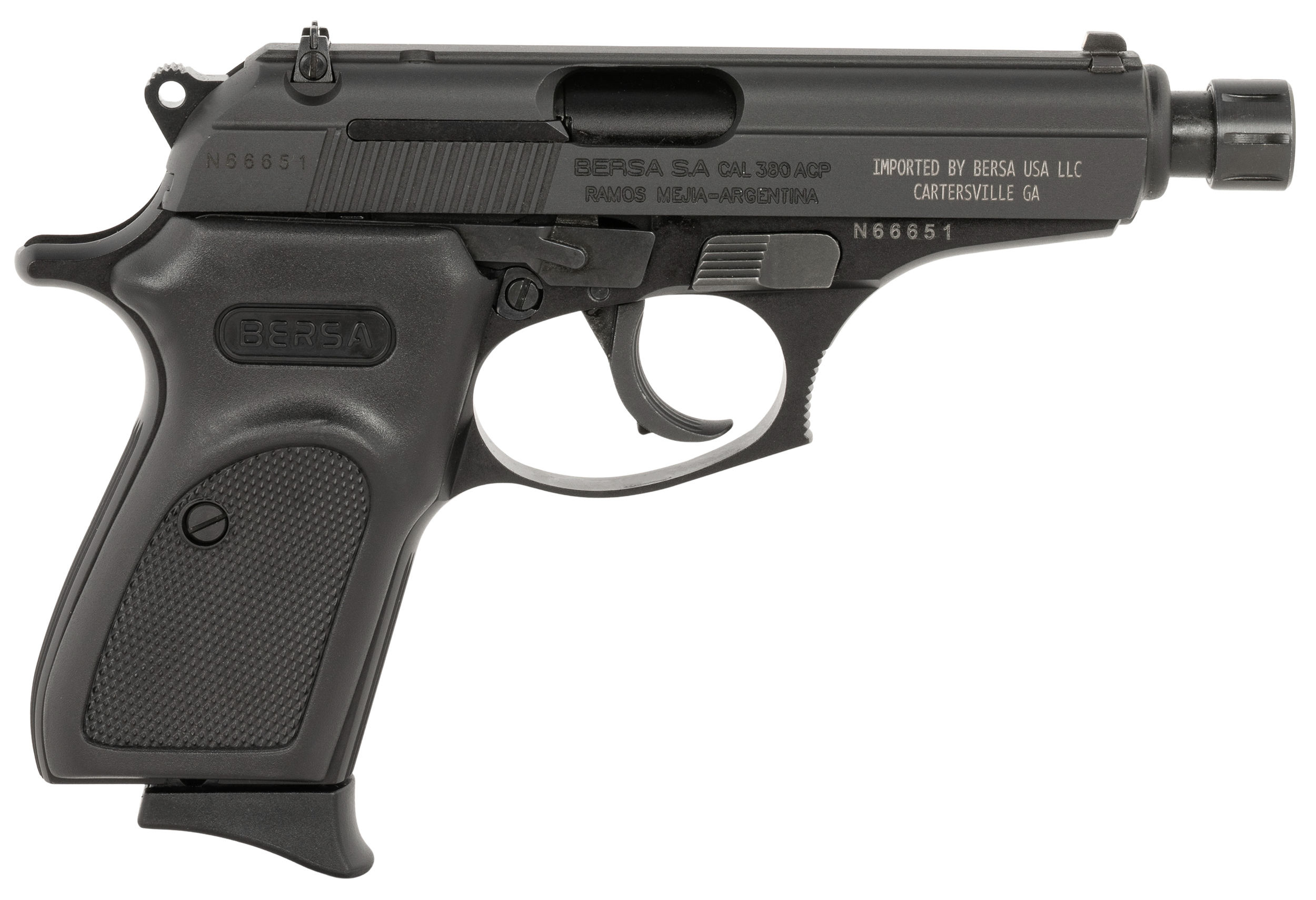 Bersa T380M8X Thunder Micro-Compact Frame 380 ACP 8+1 3.50" Black Steel Threaded Barrel, Matte Black Steel Serrated Slide, Matte Black Aluminum Frame, Black Rubber Grip, Right Hand