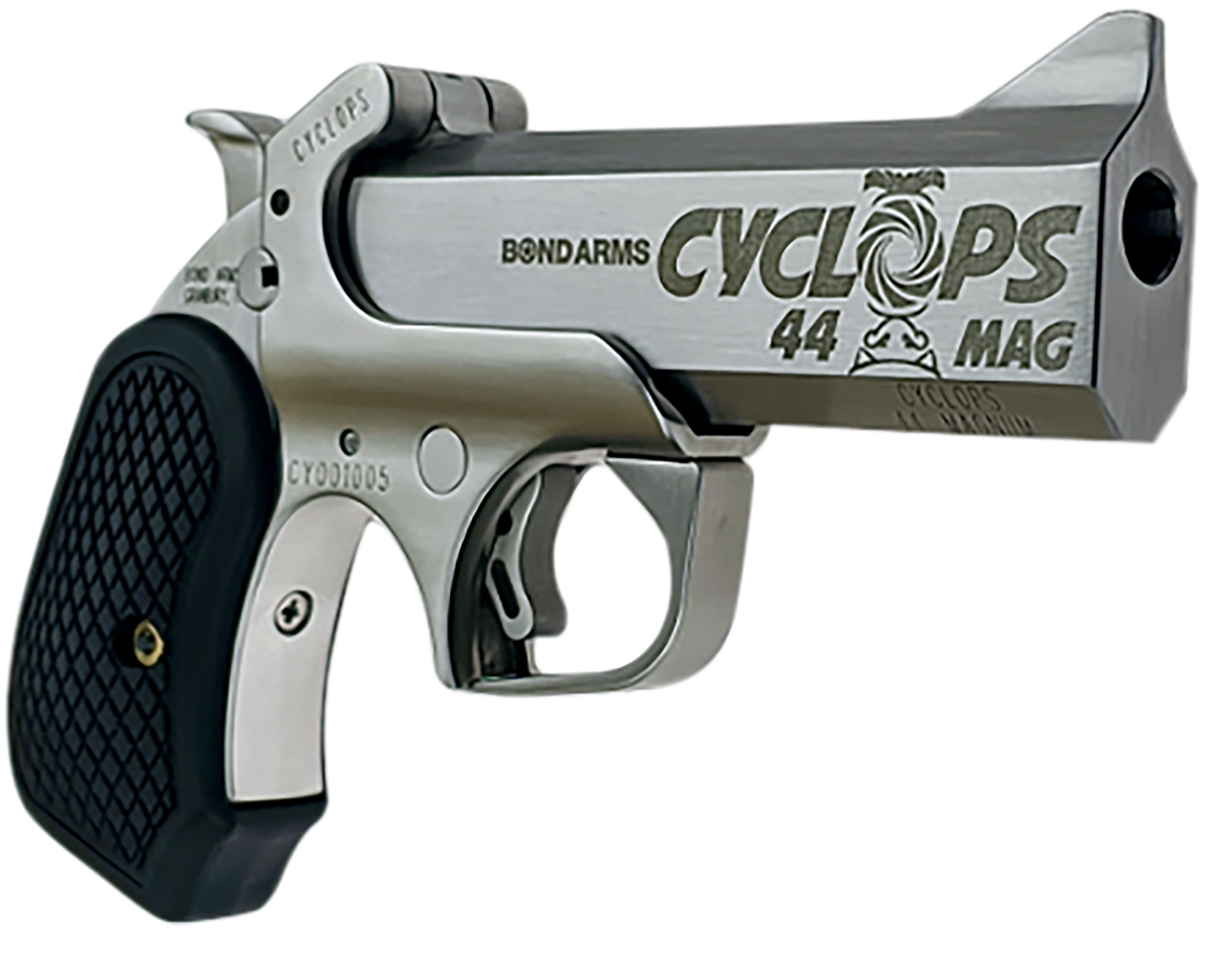 Bond Arms BACYP Cyclops Big Bore 44 Mag 1rd 4.25"  Stainless Steel w/Engraved Barrel, Matte Stainless Frame, Black Extended B6 Resin Grip