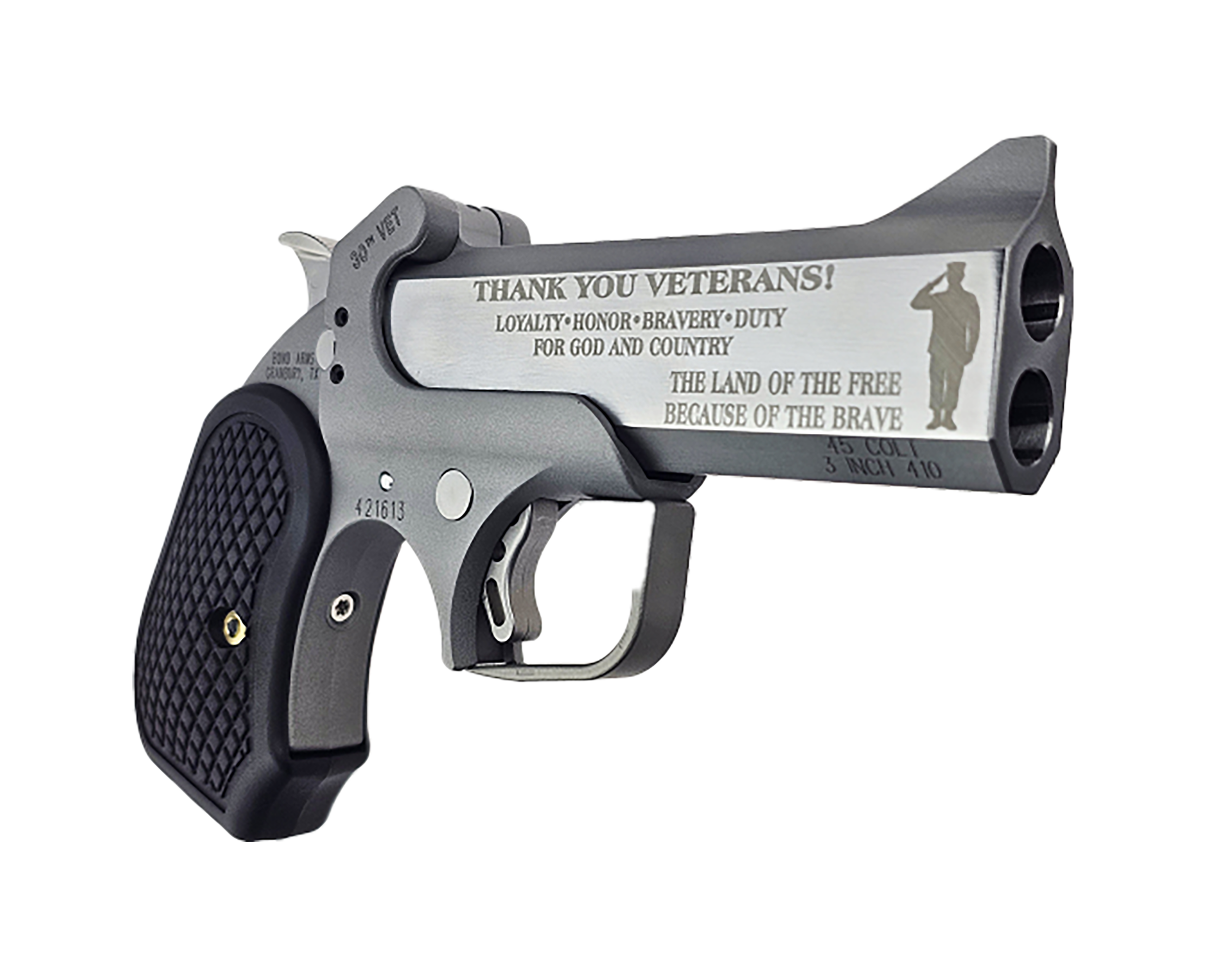 Bond Arms BA30THVET-45LC/410 30th Vet Rough Series 45 Colt/410 Gauge 2 Shot 4.25" Engraved Matte Double Barrel Rough Matte Stainless Steel Frame Black Extended B6 Resin Grips Right Hand