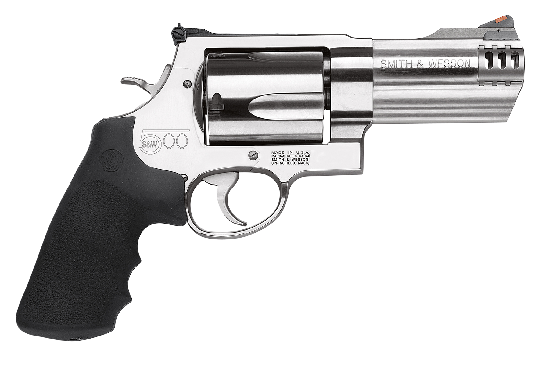 Smith & Wesson 163504 Model 500 X-Frame 500 S&W Mag Stainless Steel 4" Compensated Barrel & 5rd Cylinder, Satin Stainless Steel X-Frame, Includes Two Muzzle Brakes & Internal Lock
