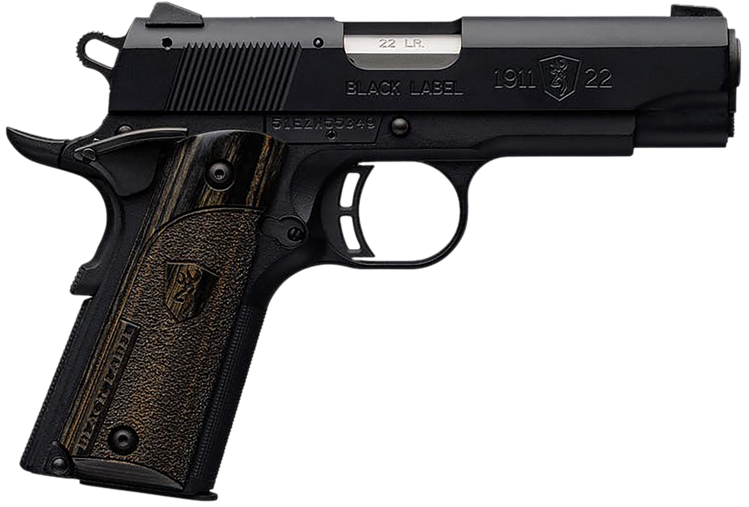 Browning 051815490 1911 Black Label Compact 22 LR 10+1 3.63" Stainless Steel Barrel, Matte Black Serrated Slide & Polymer Frame w/Beavertail, Black Laminate Stippled Grip