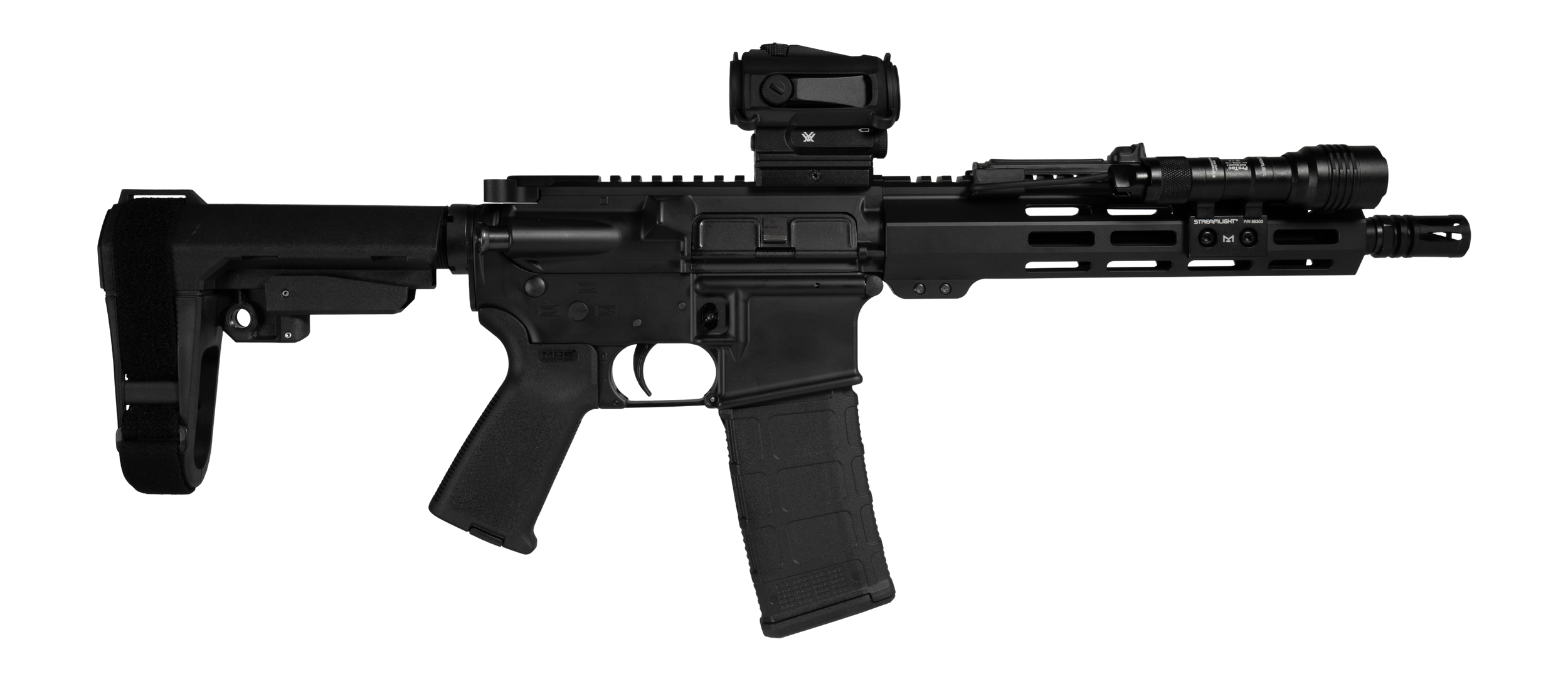 Shark Coast Tactical SCC06841MN300-P Midnight Bundle 300 Blackout 30+1 10" Threaded Barrel, Aluminum Receiver w/Picatinny Rail, M-LOK Handguard, Polymer SB Tactical SBA3 Brace, Streamlight ProTac Rail