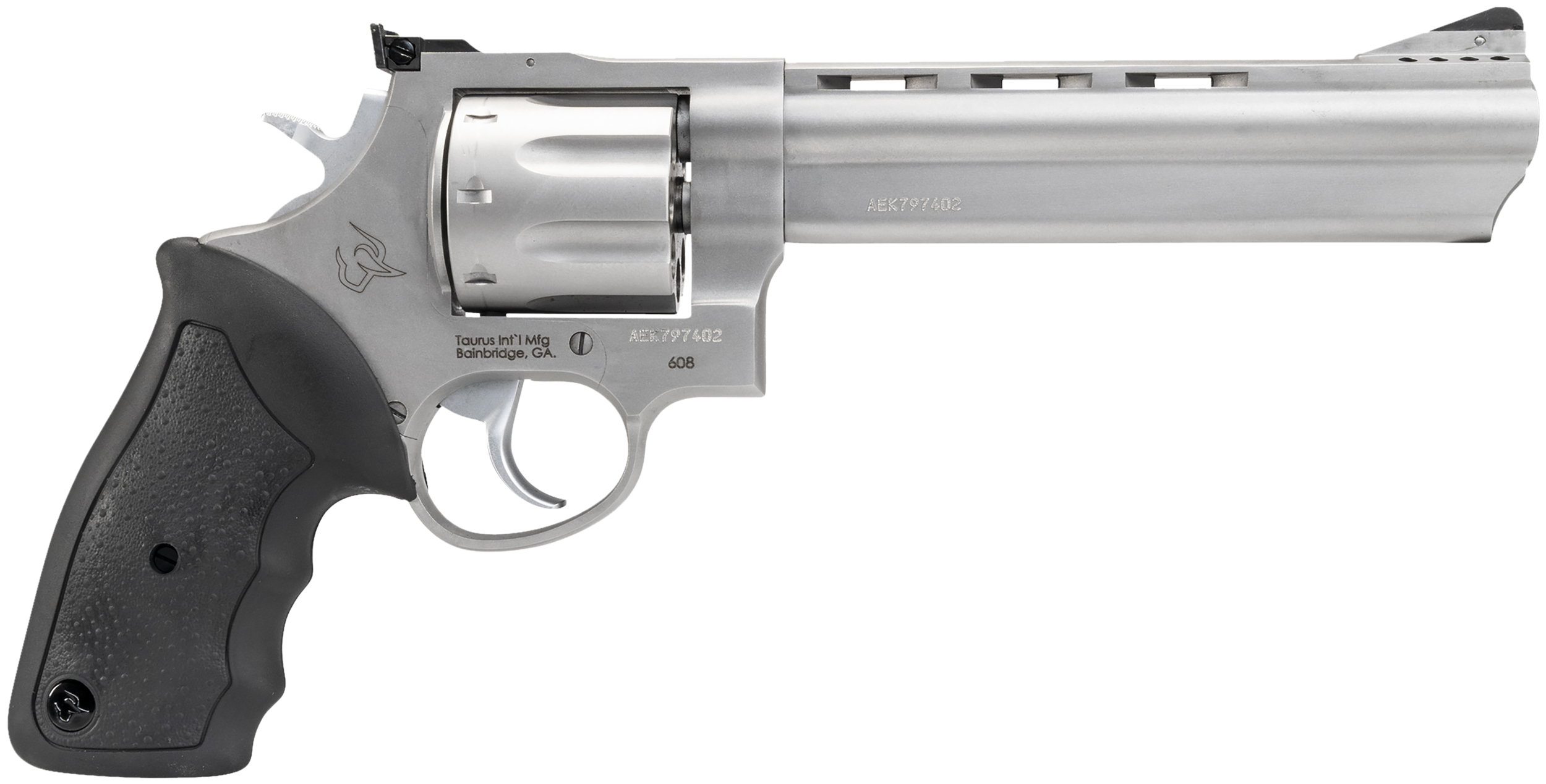 Taurus 2-608069 608  Large 357 Mag/38 Special +P 8 Shot 6.50" Matte Stainless Steel Ported Barrel, Cylinder & Frame, Black Finger Grooved Rubber Grip, Transfer Bar Safety, Exposed Hammer