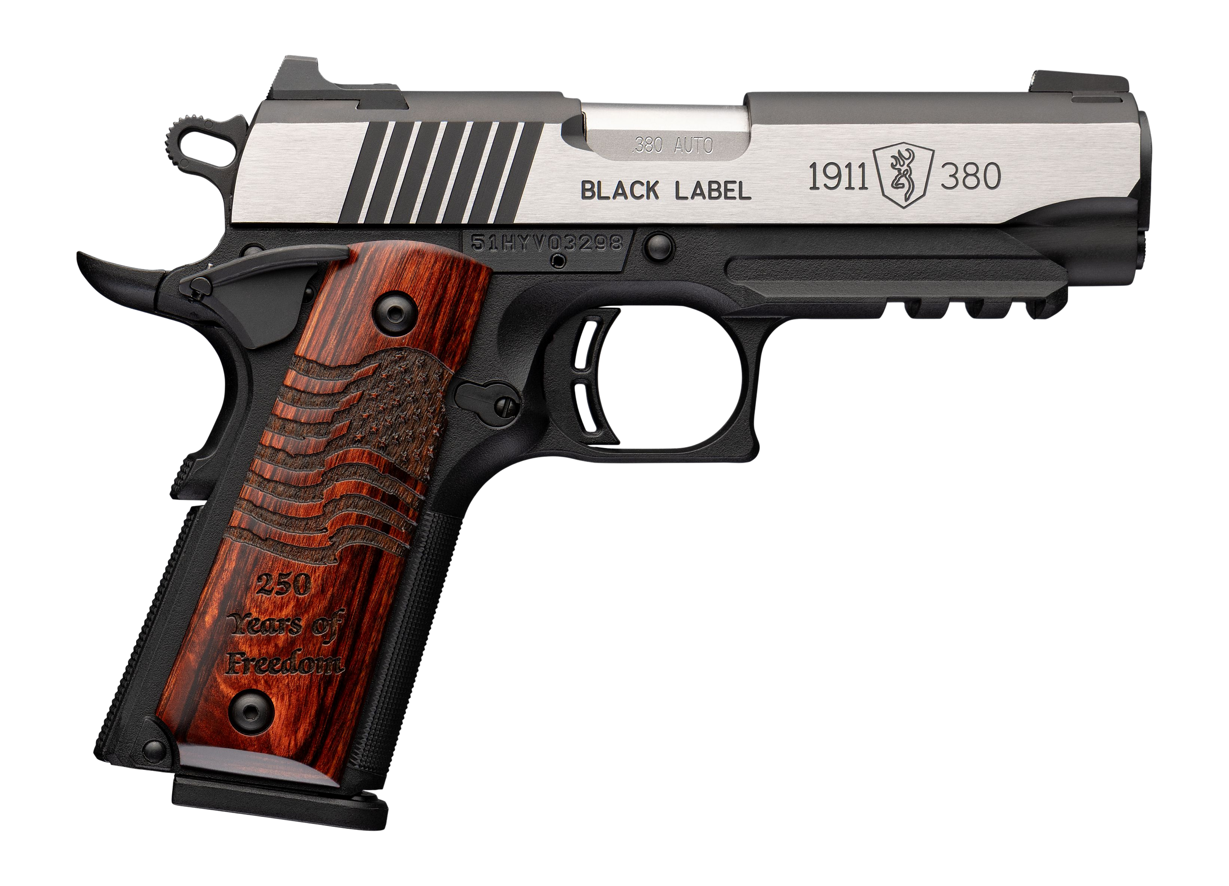 Browning 051125492 1911 Black Label Medallion 250 Compact 380 ACP 8+1 3.63" Matte Stainless Barrel & Blackened w/Silver Polished Flats Serrated Slide, Matte Black Polymer Frame w/Beavertail & Picatin