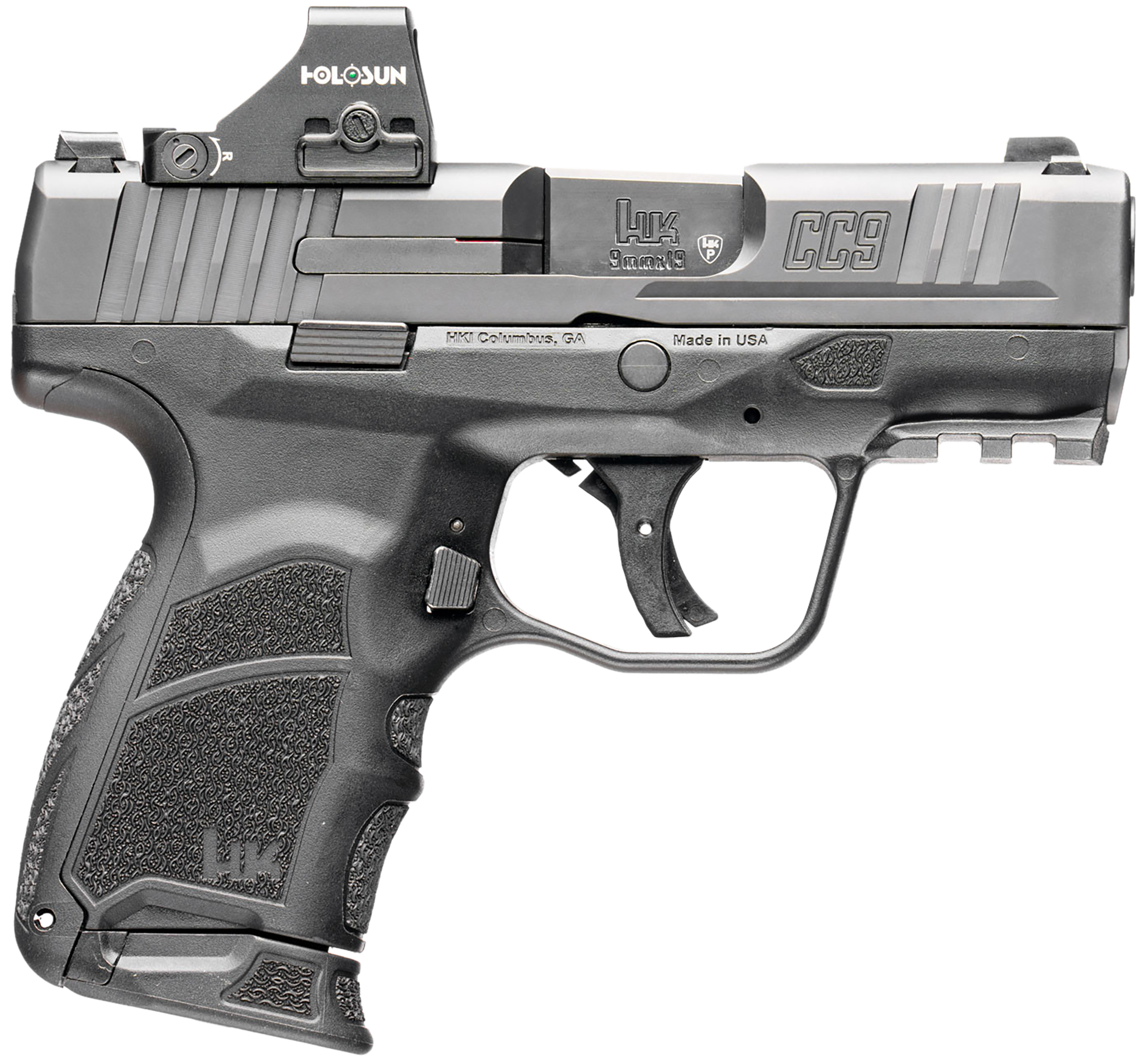 HK 81001131 CC9  9mm Luger 10+1/12+1 3.32" Black Polygonal Rifled Barrel, Optic Ready RMSc/407k Footprint/Serrated Steel Slide, Polymer Frame w/Picatinny Rail, Black Interchangeable Backstrap Grip