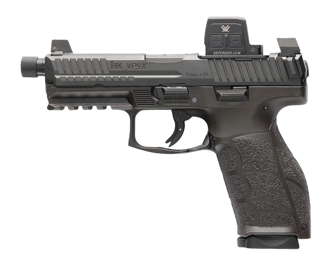 HK 81001365 VP9A1 X Tactical w/Optic Full Size 9mm Luger 15+1 4.70" Black Threaded Barrel, Black Steel Serrated w/Optic Slide, Black Polymer Frame w/Picatinny Rail, Textured Grip, Vortex CCW