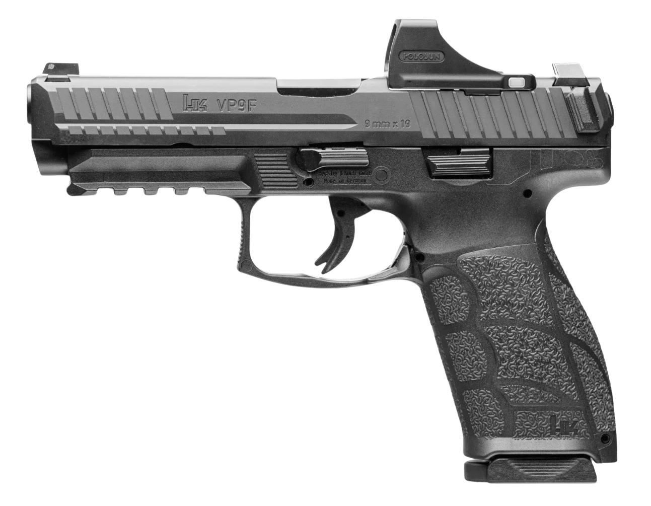 HK 81001496 VP9 A1 w/Optic Full Size 9mm Luger 10+1 4.53" Black Steel Polygonal Rifled Barrel & Serrated w/Optic Slide, Black Polymer Frame w/Picatinny Rail, Interchangeable Backstrap Grip, Holosun SC