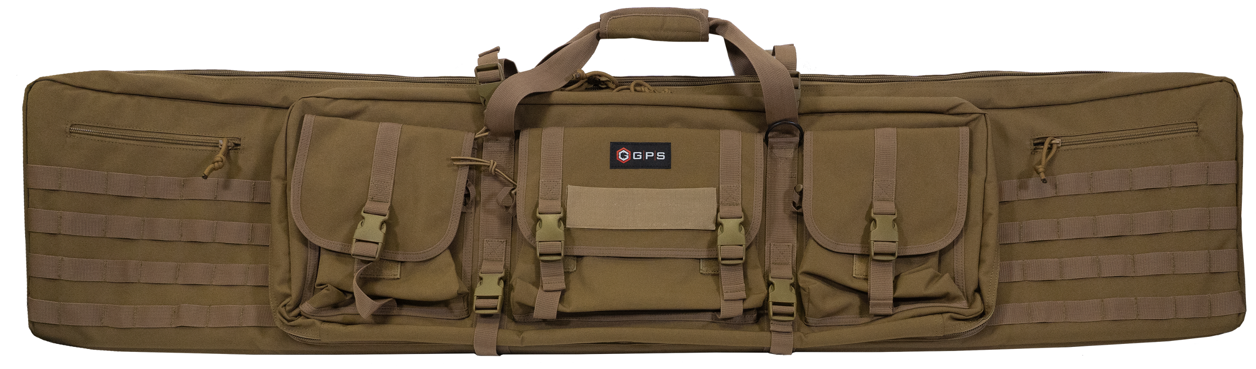 GPS Bags DRC55FDE Double Rifle Case Flat Dark Earth 600D Polyester w/ 2 Padded Pistol Sleeves MOLLE Webbing & Lockable Zippers