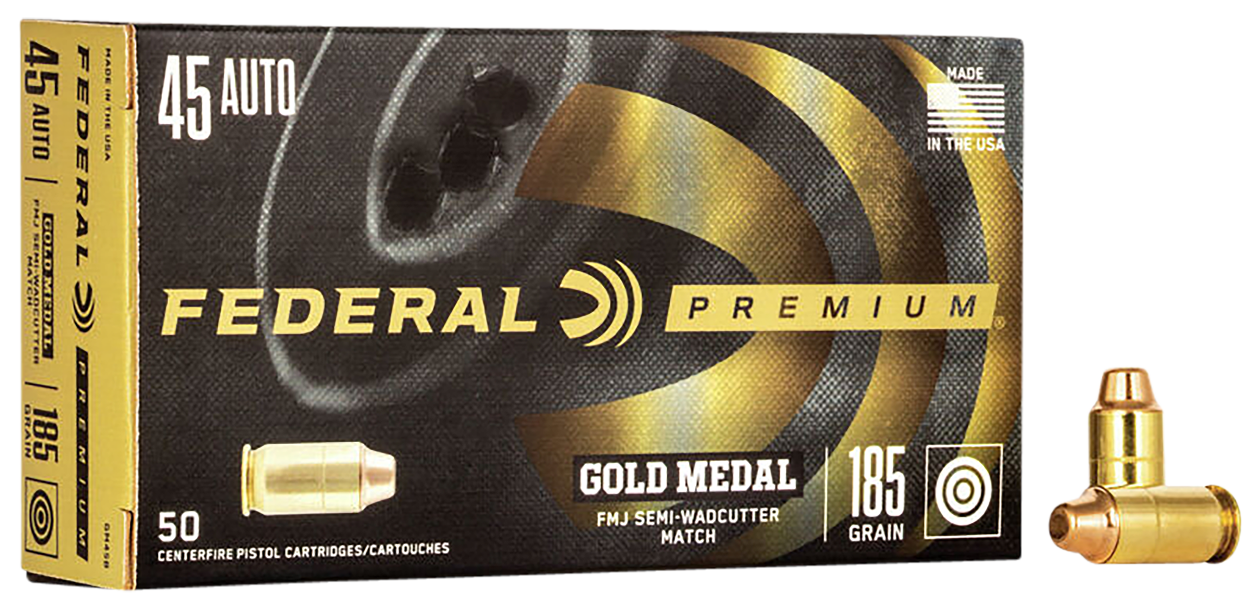 Federal GM45B Premium Gold Medal 45ACP 185gr Full Metal Jacket Semi Wadcutter 50 Per Box/20 Case