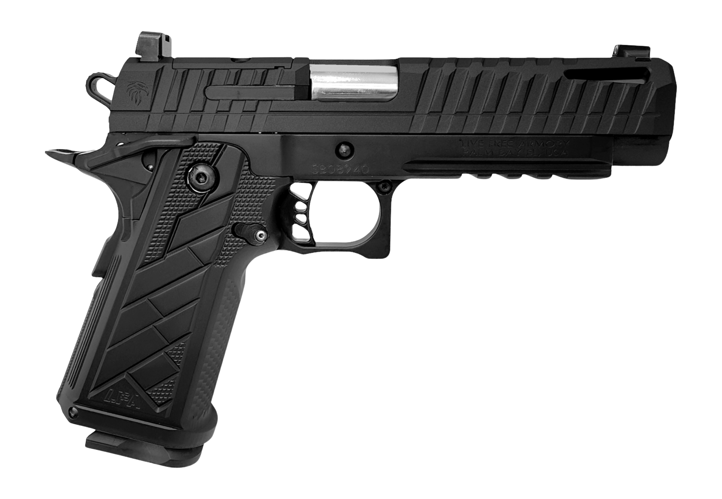 Live Free Armory HG8640-N Apollo 11 V2 Full Size Frame 9mm Luger 18+1 4.90" Stainless Barrel, Black Cerakote Steel Optic Cut/Serrated Slide, Black Cerakote Steel Frame w/Beavertail & Picatinny Rail, B