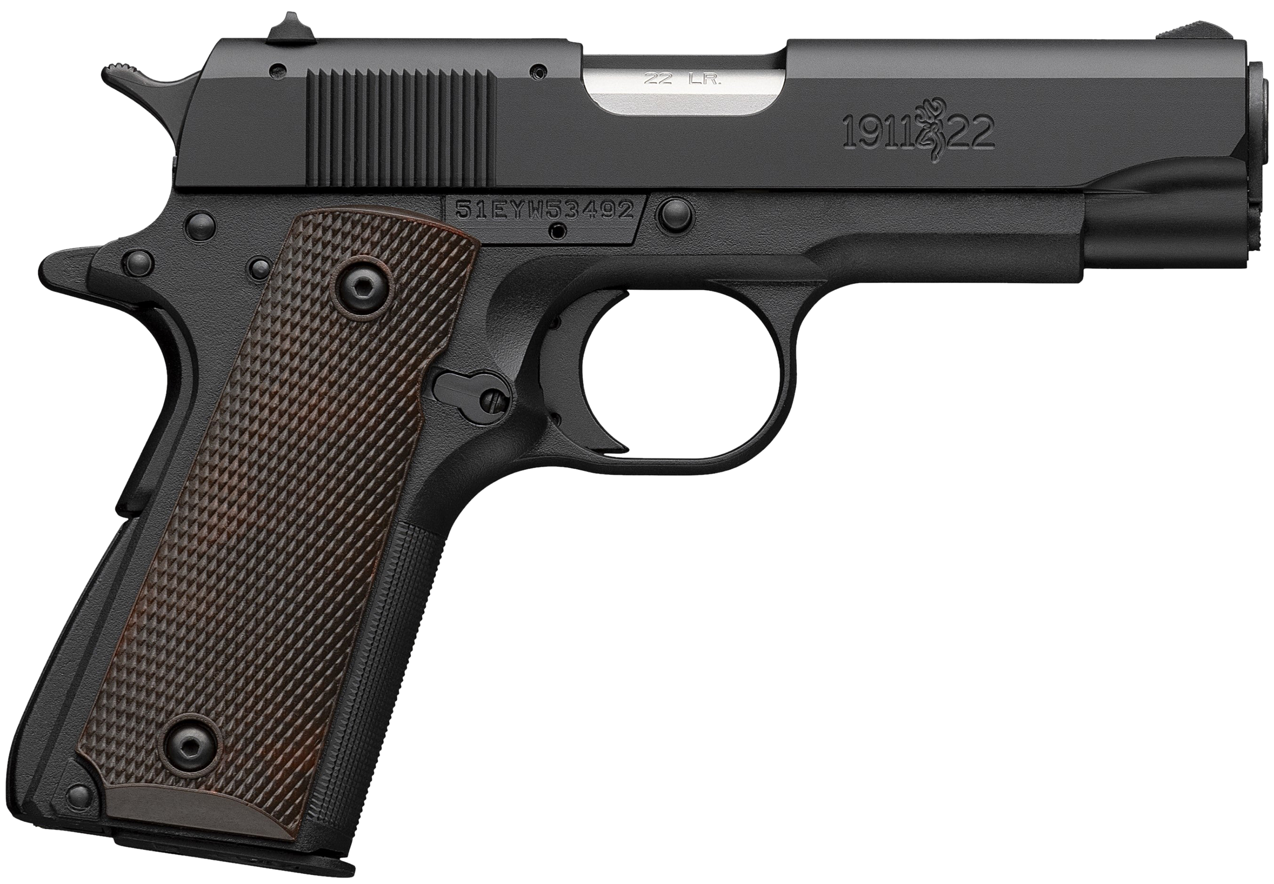 Browning 051064490 1911 A1 Compact Frame 22 LR 10+1 3.63" Stainless Steel Barrel, Matte Black Serrated Slide, Matte Black Polymer Frame, Brown Composite Grip