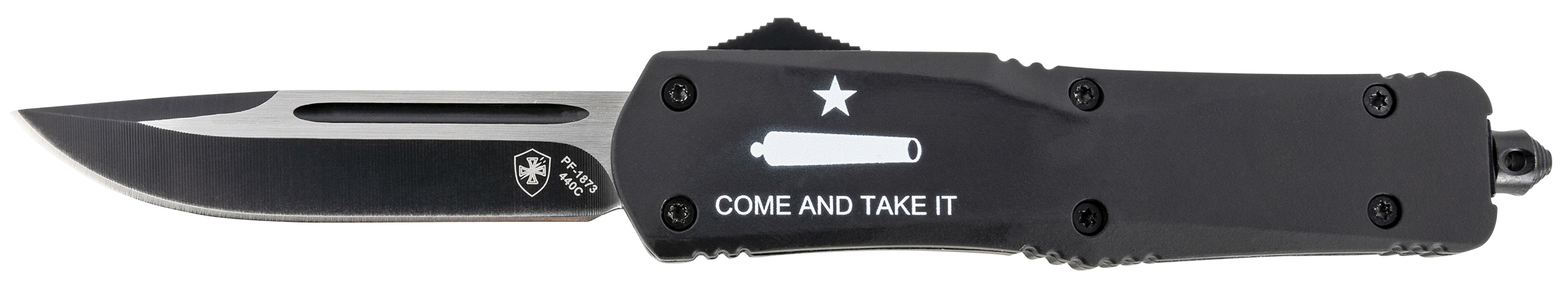 Templar Knife LCATI331 Gen II Come And Take It Large 3.50" OTF Drop Point Plain Black Oxide Stonewashed 440C SS Blade, 5.25" Black "Come And Take It" Aluminum Handle, Glass Breaker