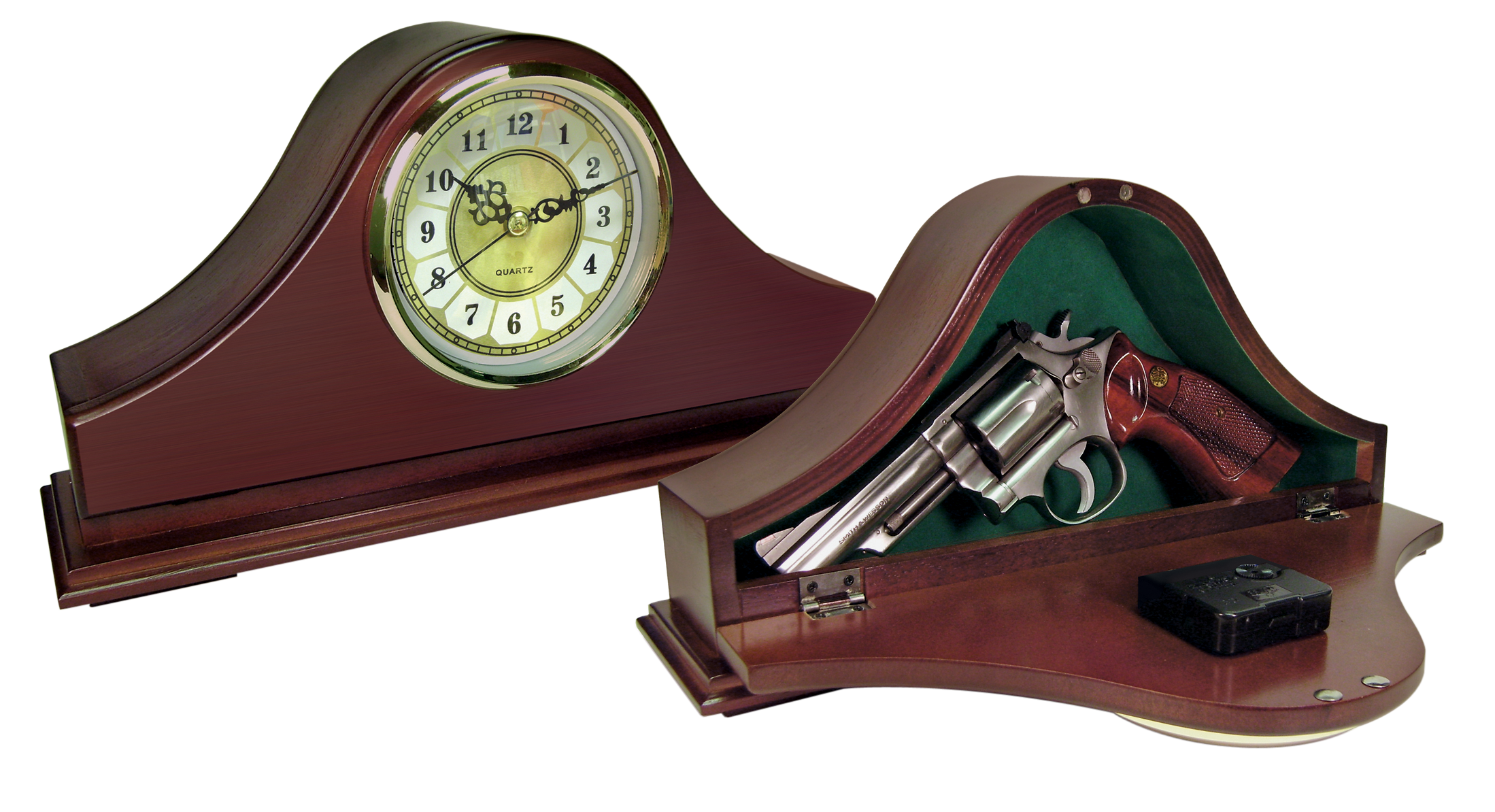 Peace Keeper MGC Mantle Gun Clock  Front Panel Entry Mahogany Stain Wood Holds 1 Handgun 14.62" L x 7.37" H x 3.75" D