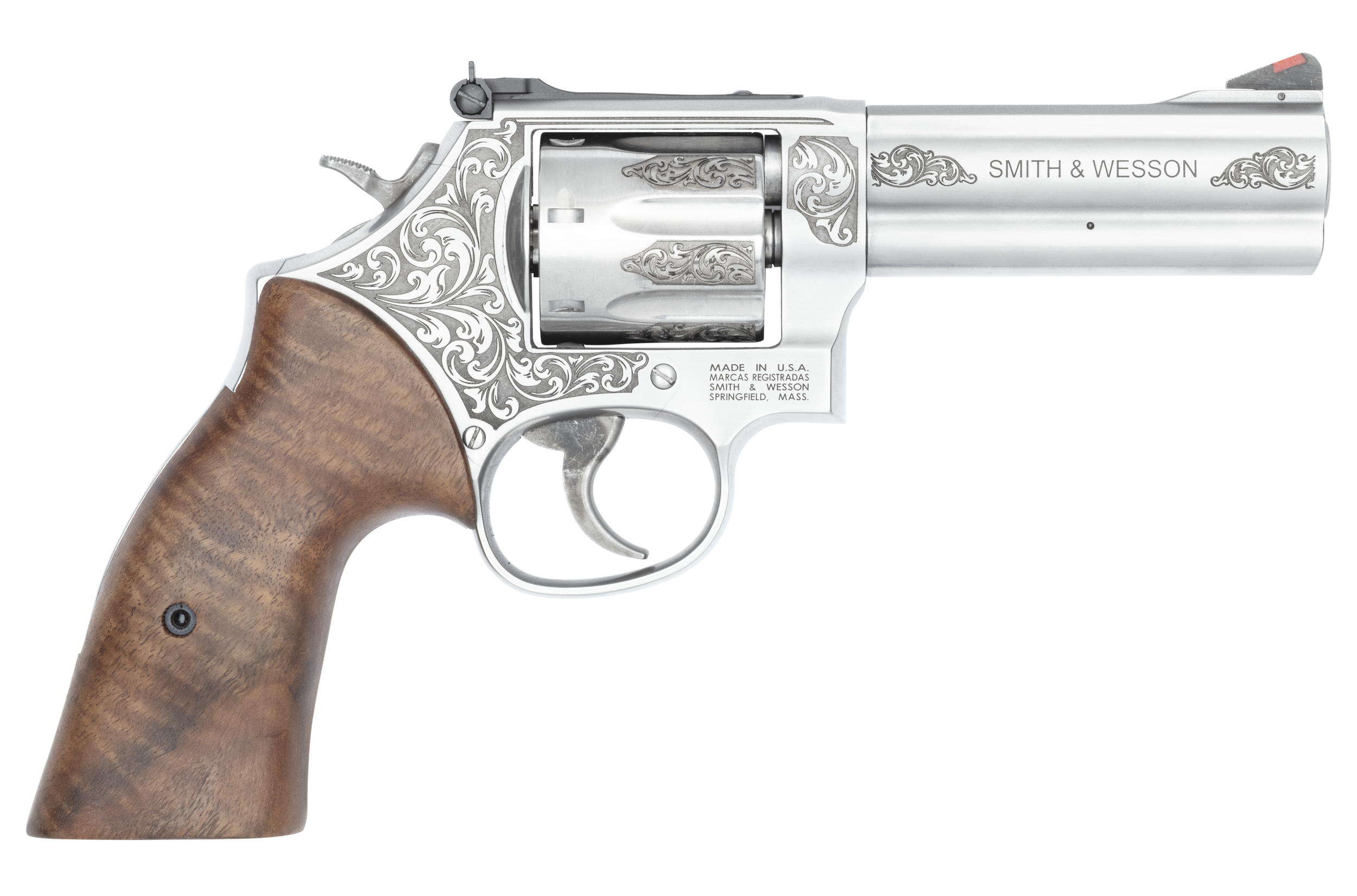 Smith & Wesson 14783 Model 686 + L-Frame Medium 357 Mag/38 Special +P 7 Shot 4.13" Stainless Steel Engraved Barrel, Cylinder & Frame, Tyler Gun Works Bear Hugger Walnut Grip, Exposed Hammer