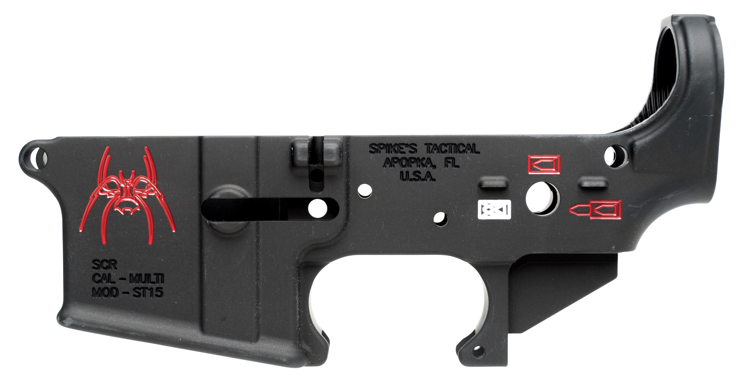 Spikes STLS019CFA Spider Stripped Lower Receiver Multi-Caliber 7075-T6 Aluminum Black Anodized with Color Fill for AR-15