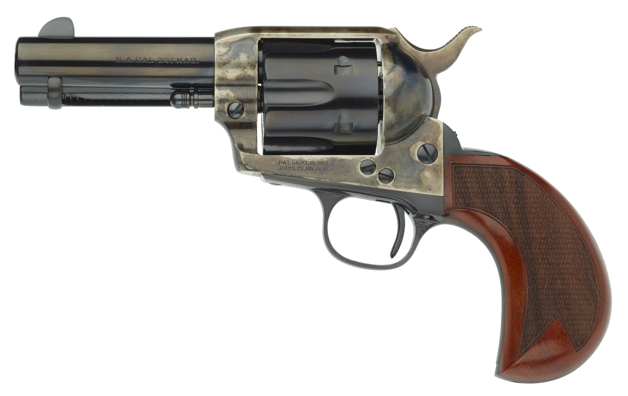 Taylors & Company 555132 1873 Cattleman 357 Mag Caliber with 3.50" Blued Finish Barrel, 6rd Capacity Blued Finish Cylinder, Color Case Hardened Finish Steel Frame & Checkered Birdshead Walnut Grip