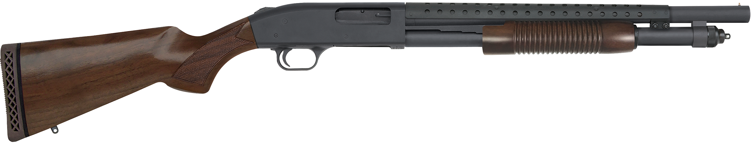 Mossberg 52151 590 Retrograde 12 Gauge Pump 3" 6+1 18.50" Matte Blued Heat Shield Barrel, Matte Blued Stainless Steel Drilled & Tapped Receiver, Walnut Fixed  Stock, Cylinder Bore Choke