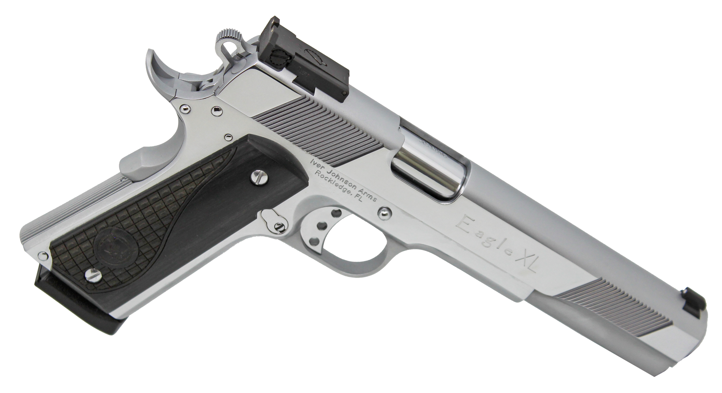 Iver Johnson Arms EAGLEXLC45 Eagle XL  45 ACP 8+1 6" Steel Barrel, Bright Chrome High Polished Long/Serrated Steel Slide & Frame w/Beavertail, Diamondwood Walnut w/Integrated Logo Grip, Right Hand