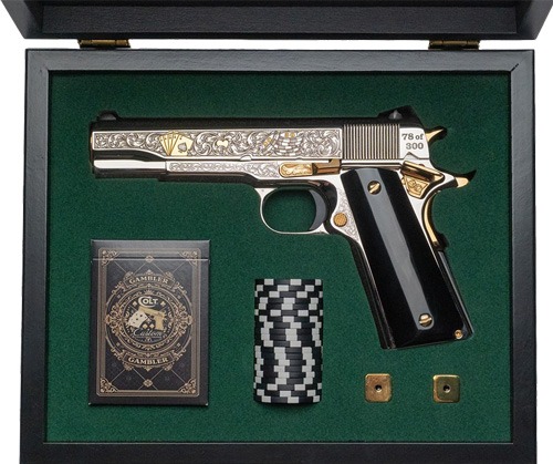 COLT 1911 GAMBLER 45ACP 5" 8RD ENGRAVED HIGH POLISH KIRINITE