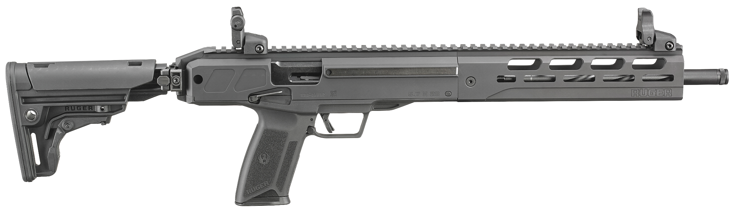 Ruger 19302 LC Carbine 5.7x28mm 10+1 16.25" Nitride Fluted Barrel, Black Hard Coat Anodized Finish, M-LOK Handguard, OEM Flip Up Sights, Synthetic Folding Adjustable Stock, Black Polymer Grip