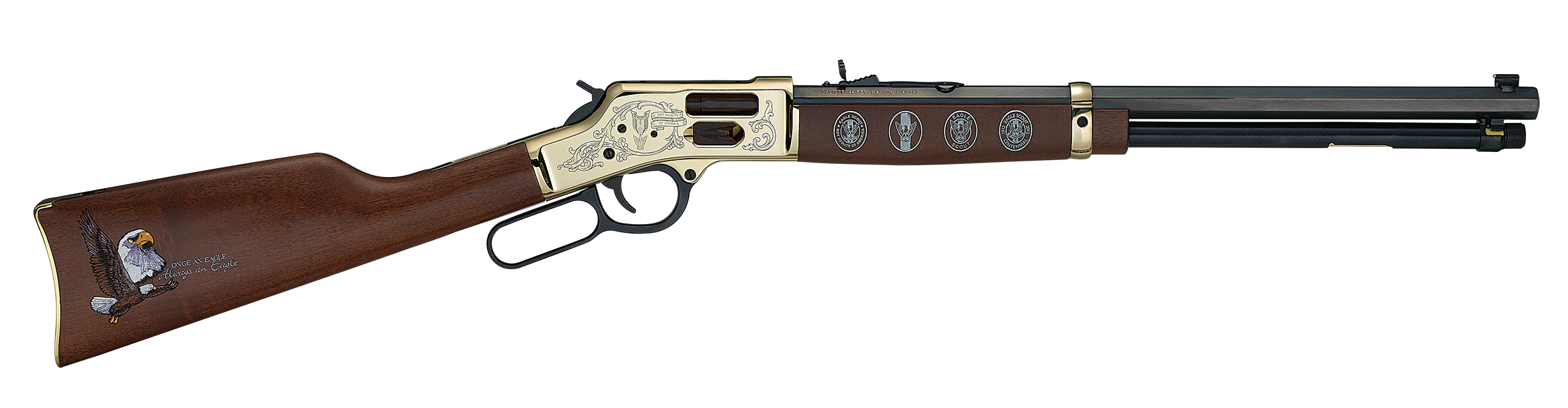 Henry H006GES2 Eagle Scout Centennial Tribute 2nd Edition 44 Special/44 Mag 10+1 20" Blued Octagon Barrel, Polished Brass w/Nickel Plating Drilled & Tapped Receiver, American Walnut Straight Stock
