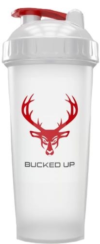 BUCKED UP SHAKER 28OZ WHITE & RED LOGO BPA FREE
