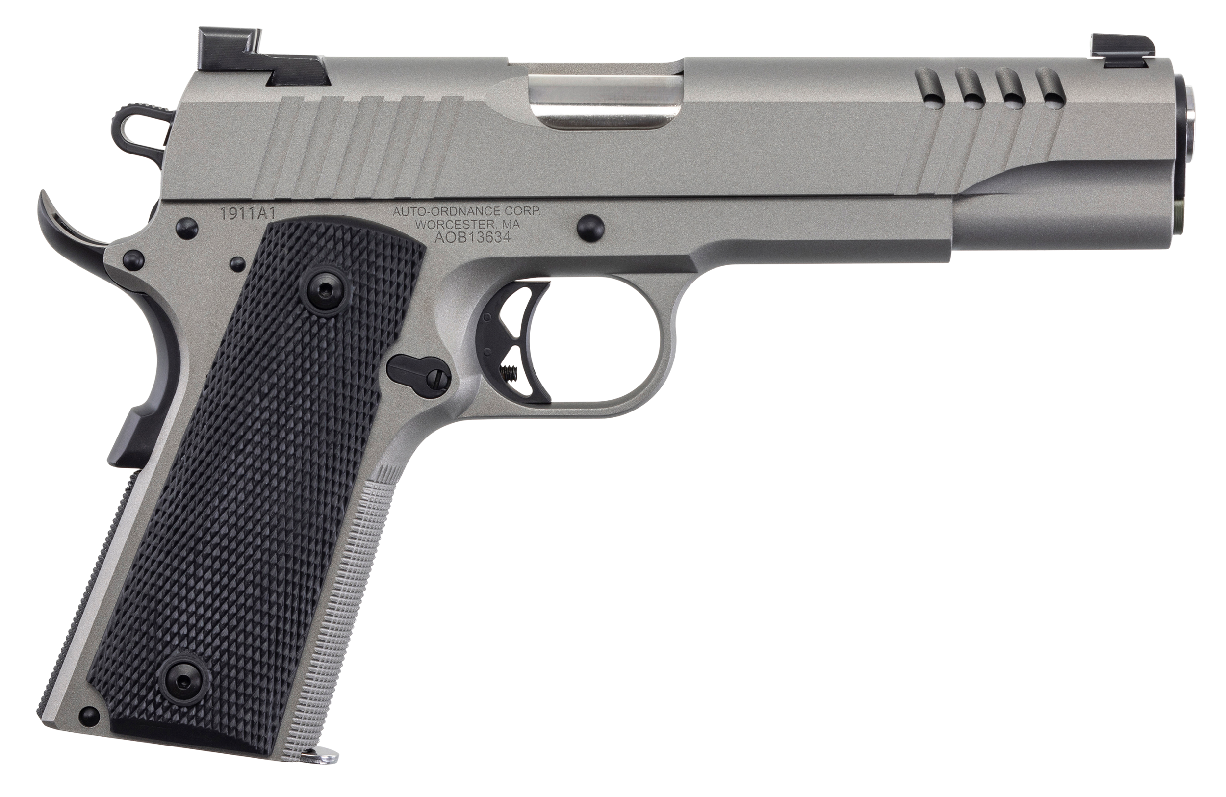 Auto-Ordnance 1911TCAC6N 1911 A1  45 ACP 7+1 5" Savage Silver Cerakoate, Serrated/Ported Slide,  Black Rubber Grips, TruGlo Night Sights