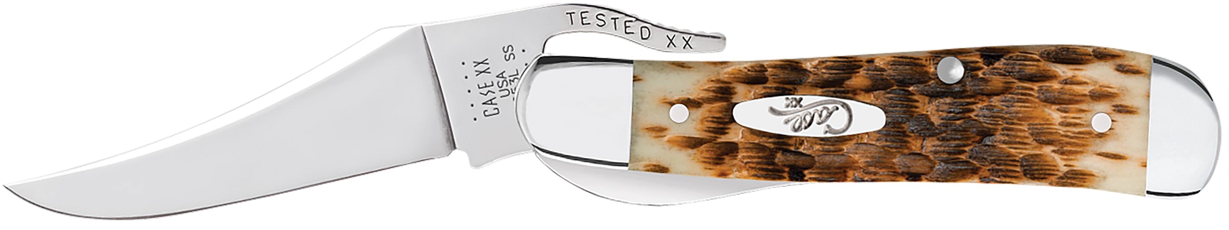 Case 0260 6 RussLock  2.70" Folding RussLock Clip Plain Mirror Polished Tru-Sharp SS Blade/Peach Seed Jigged Amber Bone Handle