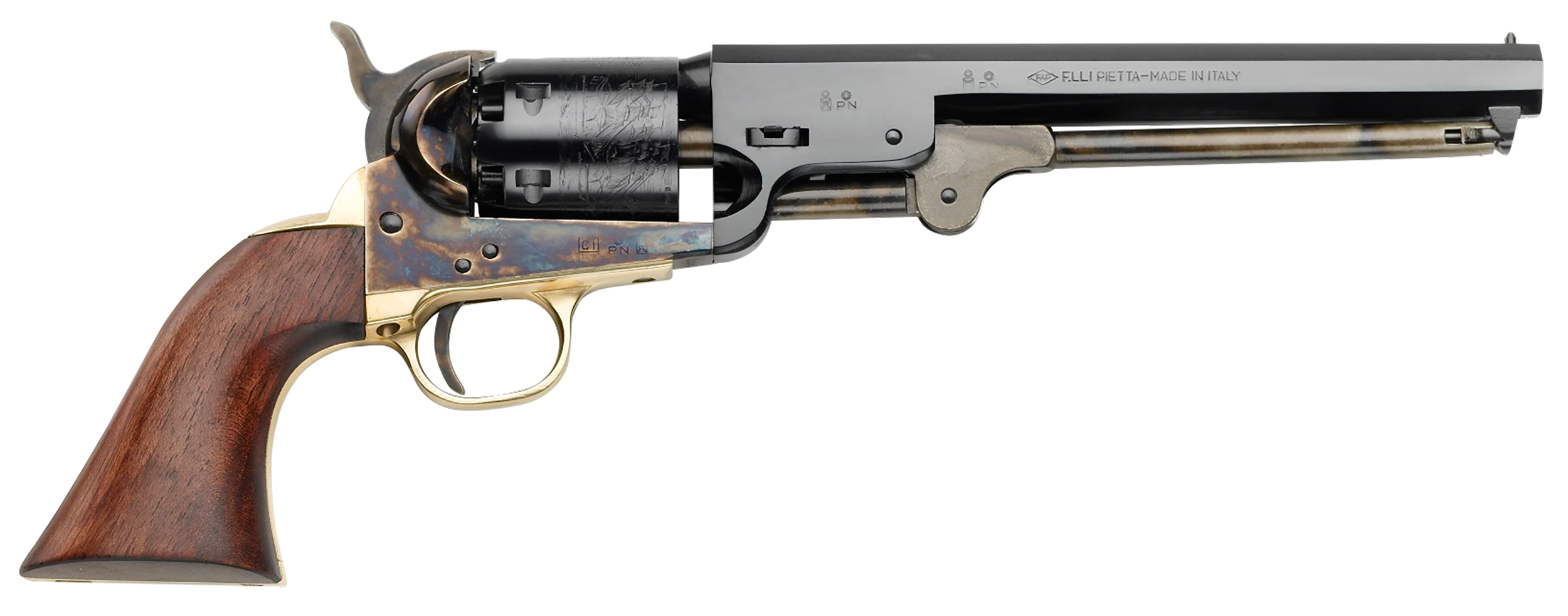 Pietta PF51CH36712 1851 Navy Steel 36 Cal 7.50" 6rd Color Case Hardened Frame Blued Cylinder Blued Octagon Barrel Walnut Grip