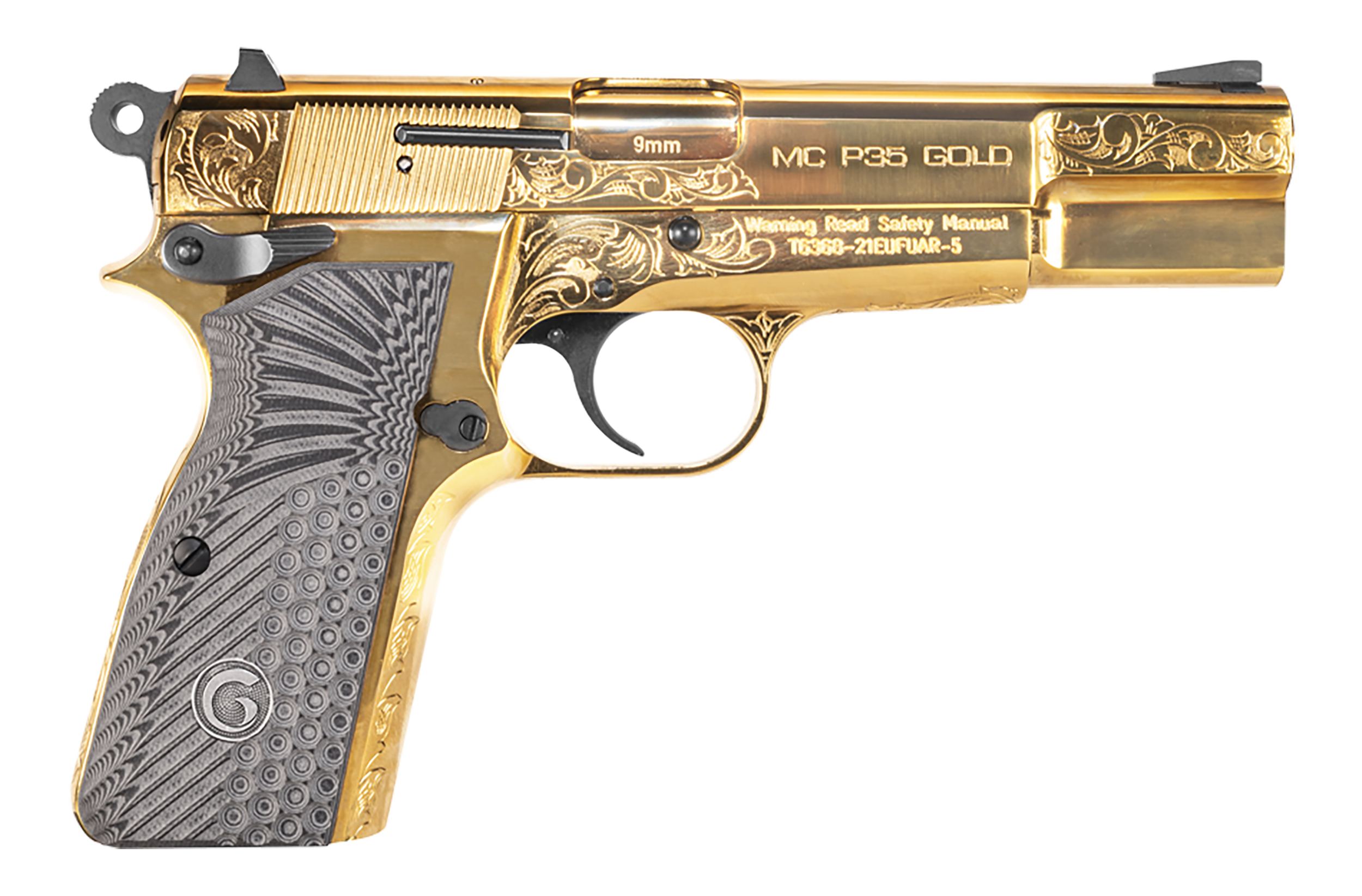 Girsan 390488 MC P35 9mm Luger 15+1 4.87" Gold Plated PVD Stainless Steel Barrel, Gold Finish Engraved Serrated Stainless Steel Slide, Gold Plated Steel Frame w/Beavertail, G10 Grip