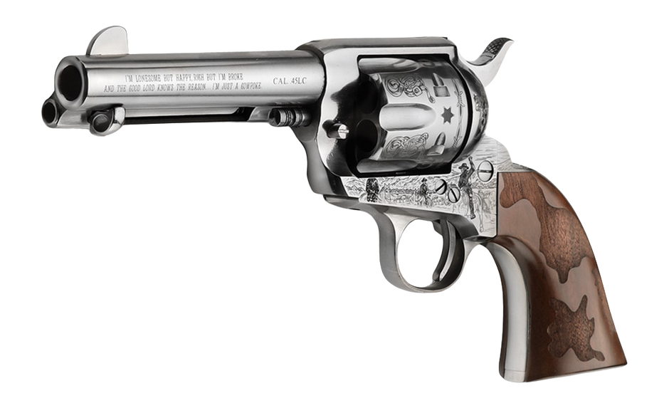 Pietta PFI45CP434EW Cowpoke 45 Colt (Long Colt) 6 Shot 4.75" Nickel Barrel, Nickel Engraved Cylinder & Frame, Cowhide Walnut Engraved Grip, Exposed Hammer