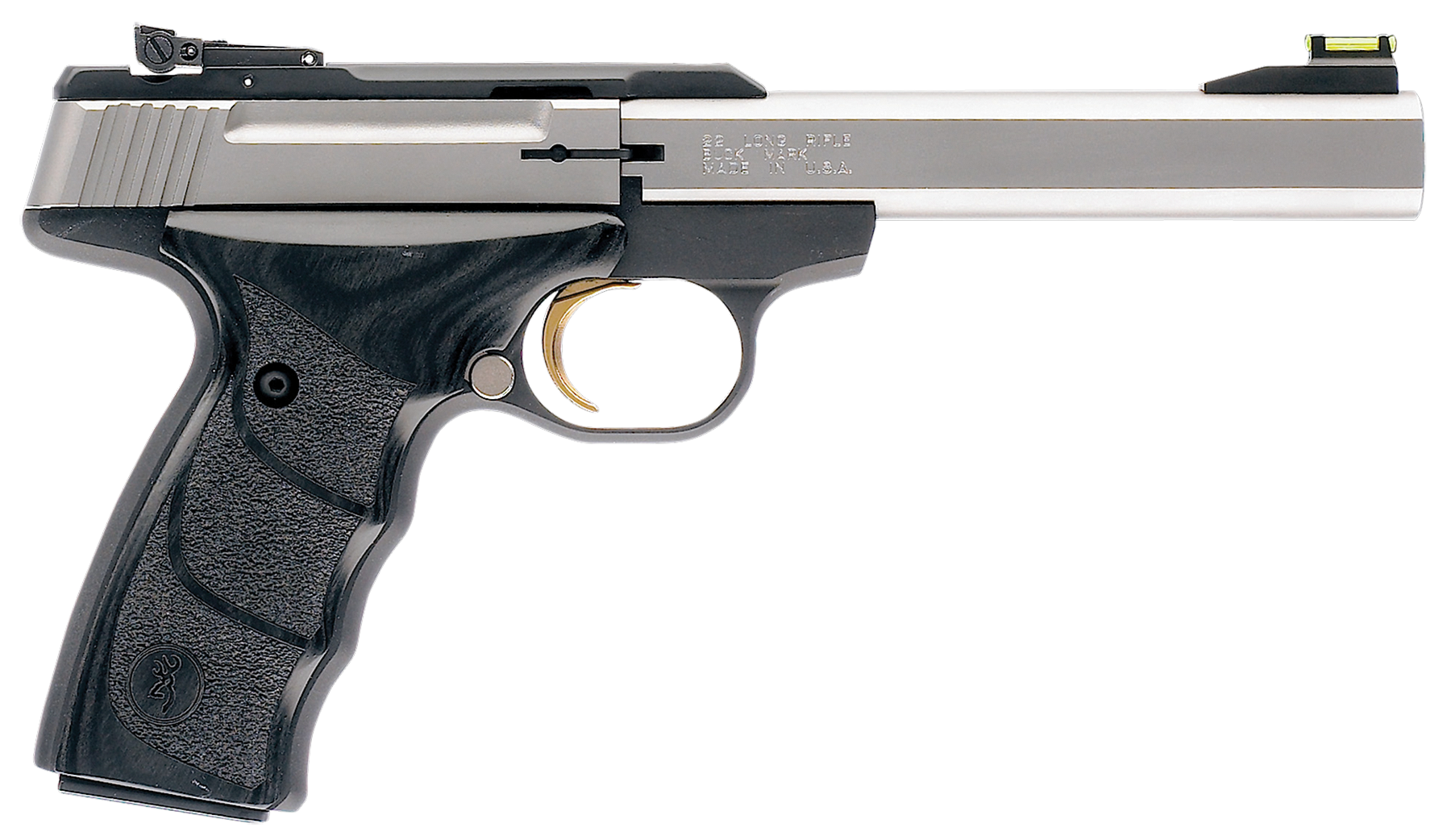 Browning 051427490 Buck Mark Plus *CA Compliant 22 LR 10+1 5.50" Slab Side Barrel, Serrated SS Slide, Matte Black Aluminum Frame, Black Laminate Wood Grips