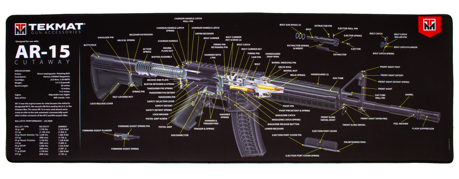 TekMat TEKR44AR15CA AR-15 Cleaning Mat Black/White Rubber 15"x44" AR-15 3D Cutaway Illustration