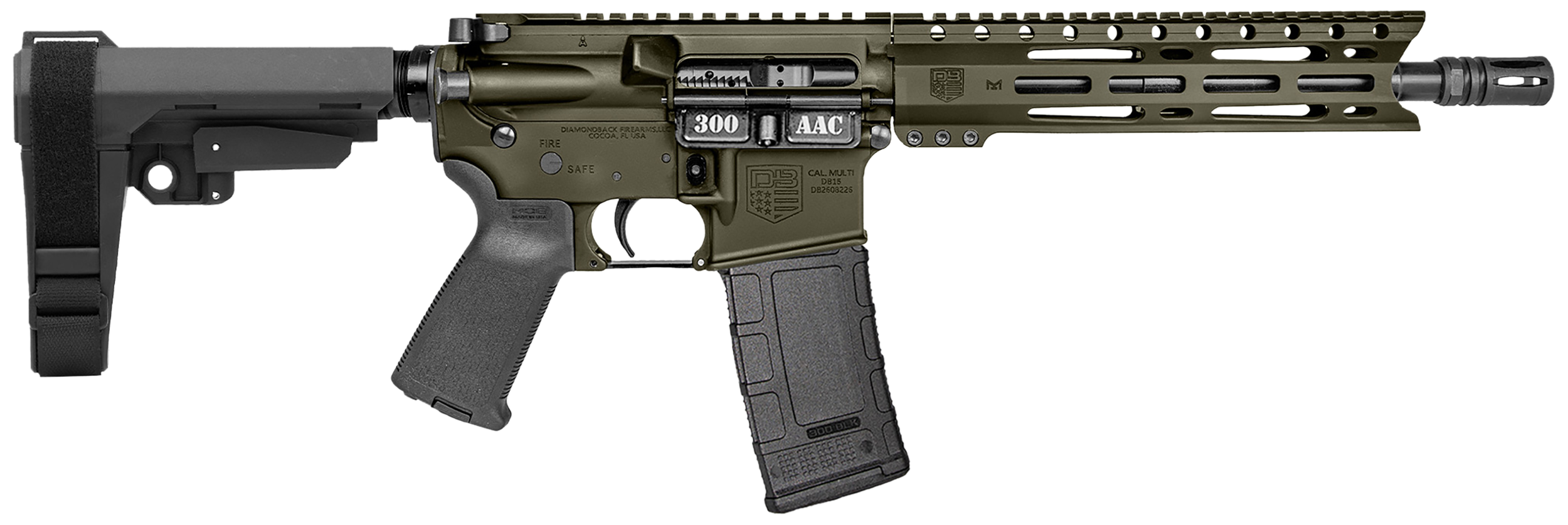 Diamondback DB1916B101 DB15  300 AAC 30+1 10" OD Green Cerakote Heavy Barrel 9" M-LOK Handguard 7075-T6 Aluminum SBA3 Brace Magpul MOE Grip