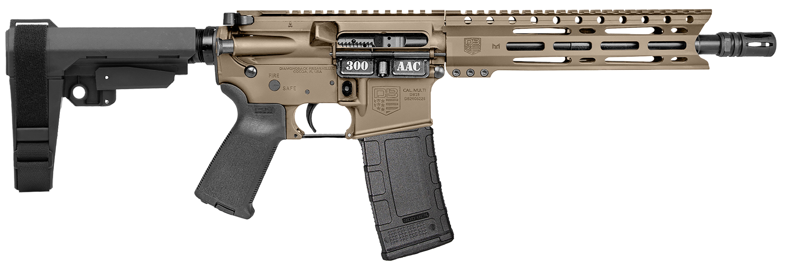 Diamondback DB1916B061 DB15  300 AAC 30+1 10" Flat Dark Earth Cerakote Heavy Barrel 9" M-LOK Handguard 7075-T6 Aluminum SBA3 Brace Magpul MOE Grip