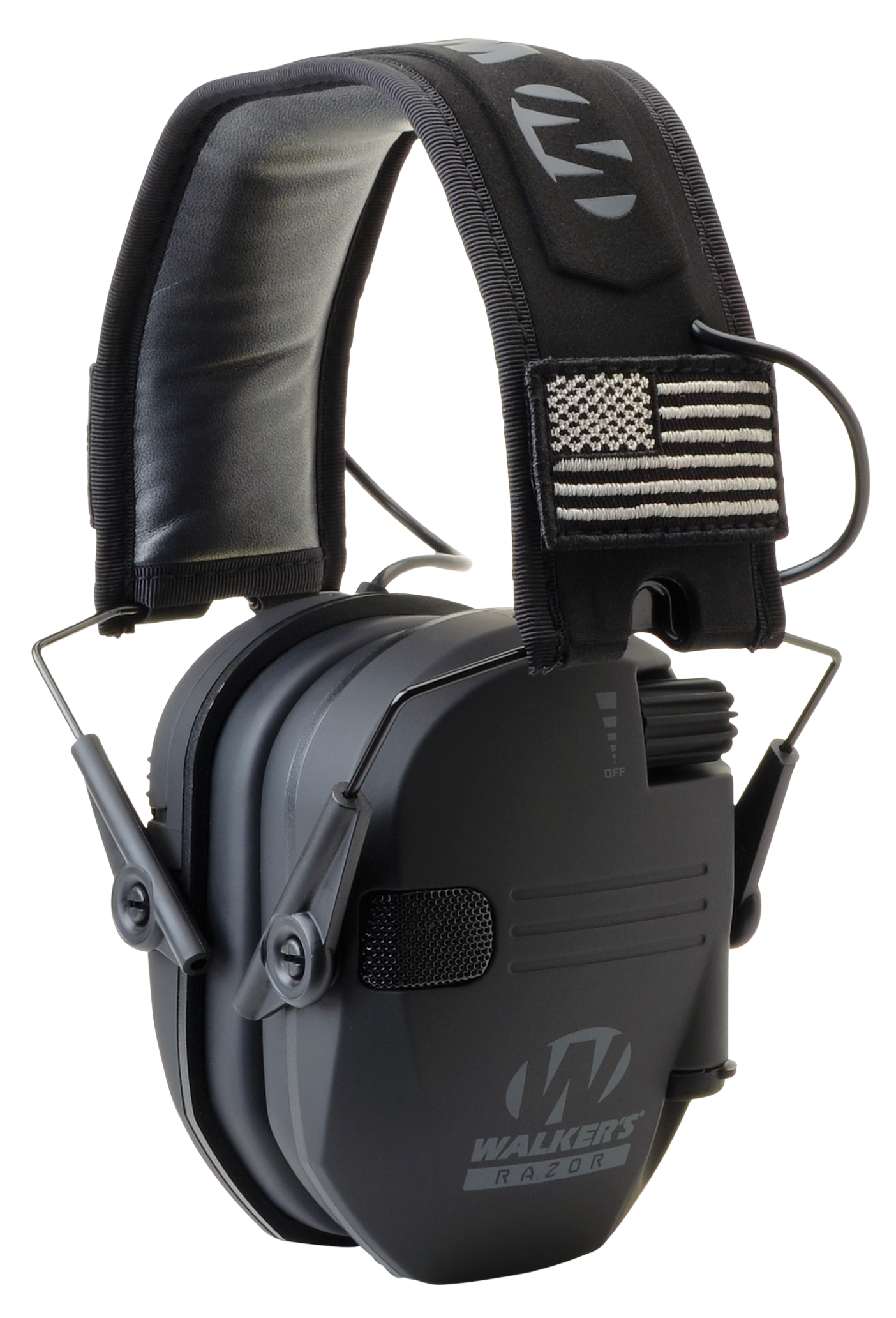 Walker's GWPRSEMPAT Razor Patriot Slim Electronic Muff 23 dB Over the Head Black w/Flag Patch Polymer