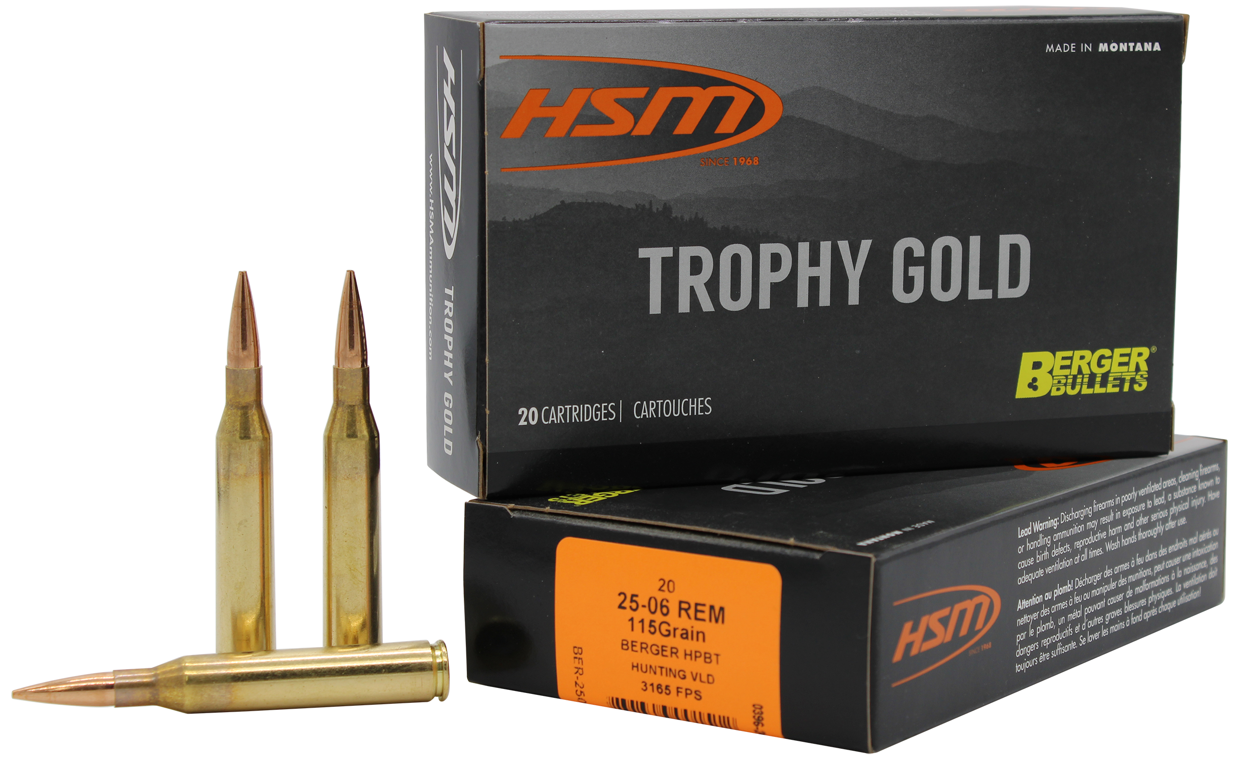 HSM 2506115VLD Trophy Gold Extended Range 25-06 Rem 115 gr Berger Hunting VLD Match 20 Per Box/ 20 Case