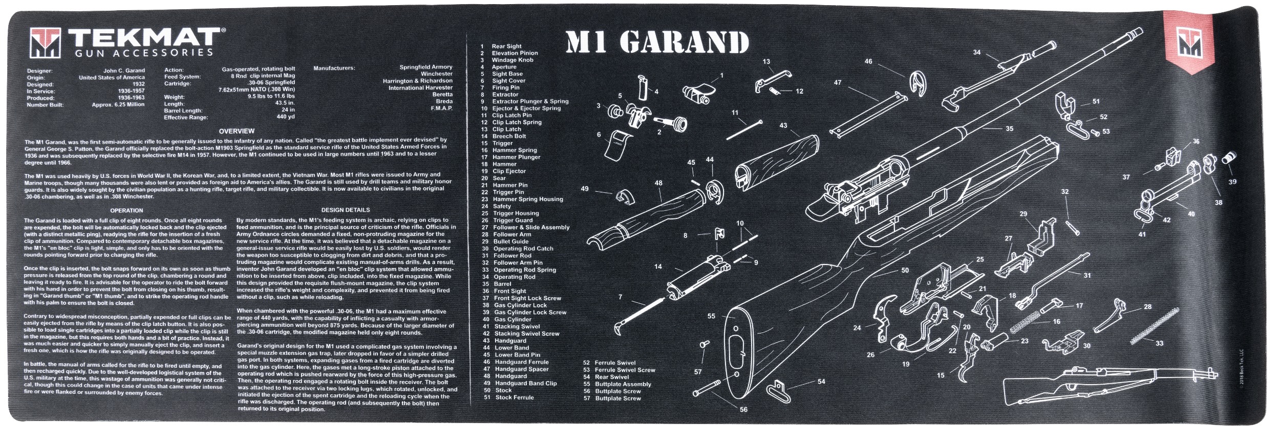 TekMat TEKR36M1GARANDBK M1 Garand Cleaning Mat Black/White Rubber 12"x36" M1 Garand Parts Diagram
