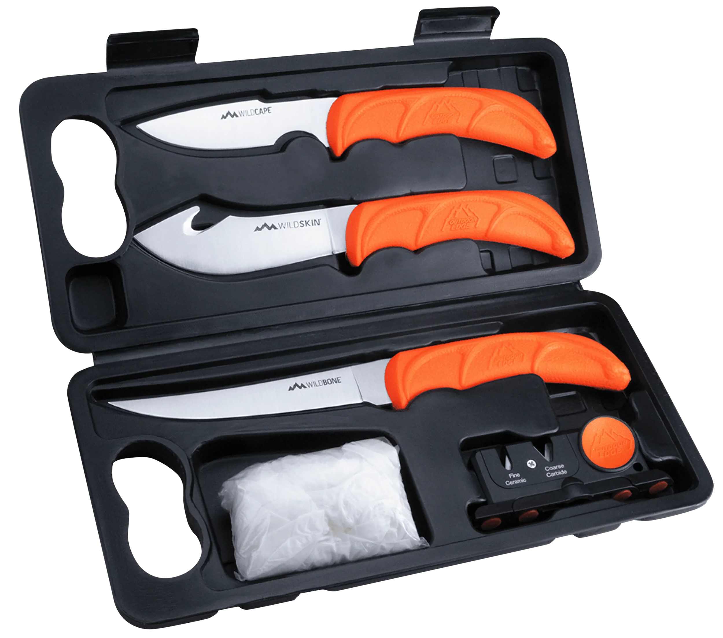 Outdoor Edge WL6 WildLite Game Processor Kit Fixed Boning/Caper/Skinner Plain 420J2 SS Blades, Blaze Orange Textured TPR Handles, 5 Pieces Includes Carry Case