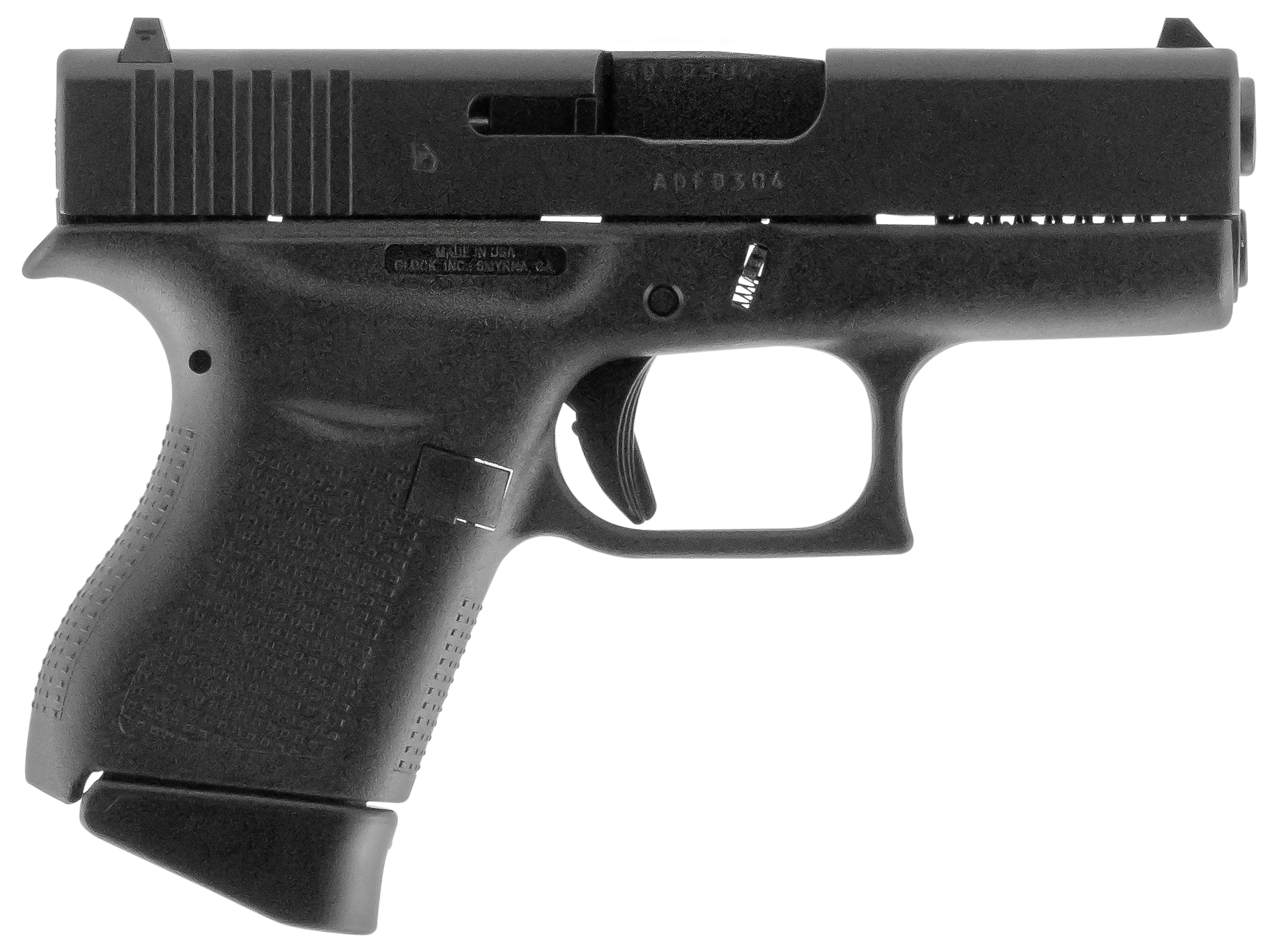 Glock UI4350201 G43 Slim Sub-Compact Frame 9mm Luger 6+1 3.41" Black Steel Barrel, Matte Black Serrated Steel Slide, Black Polymer Frame, Textured Polymer Grip, Right Hand