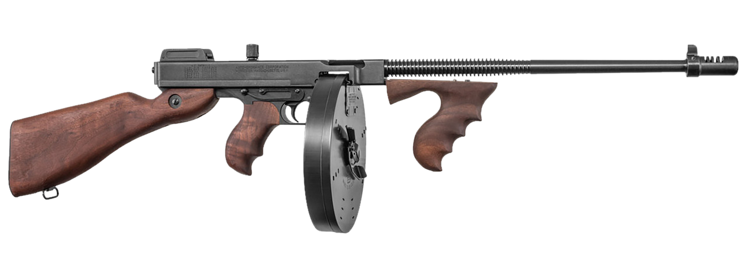 Thompson T1100D 1927A-1 Deluxe Carbine 45 ACP Caliber with 18" Barrel, 20+1 Capacity (Stick), 100+1 Capacity (Drum), Blued Metal Finish, American Walnut Stock Wood Grip Right Hand