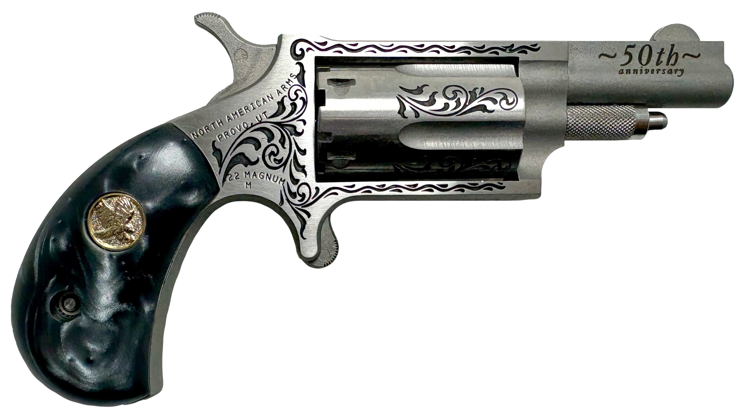 North American Arms 22M50B 50th Anniversary  22 Mag 5 Shot 1.63" Matte Stainless w/"50th Anniversary" & Scroll Engraving, Black Pearl Grip, Exposed Hammer