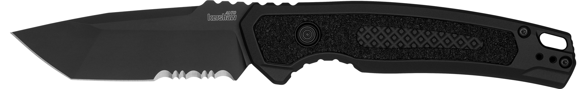Kershaw 7105 Launch 16 Automatic 3.45" Folding Tanto Part Serrated Plain Black Cerakote CPM M4 Steel Blade, Black Cerakote Aluminum Handle