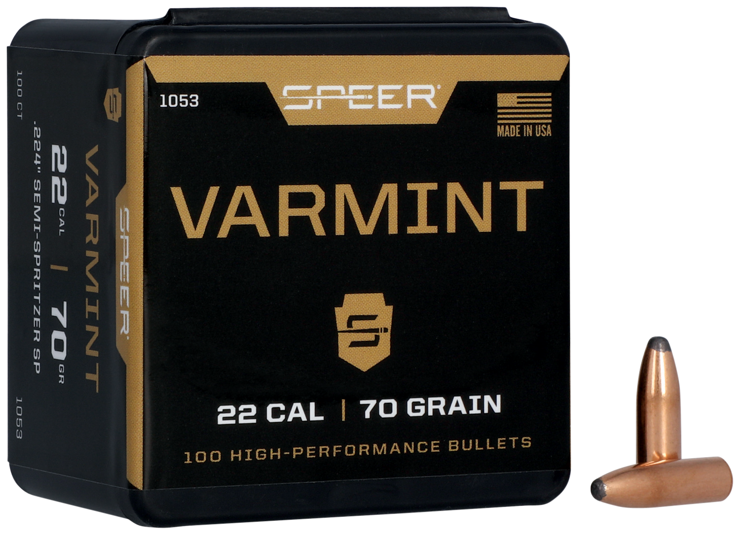 Speer 1053 Varmint  22Cal 70gr Jacketed Soft Point 100 Per Box/5 Case